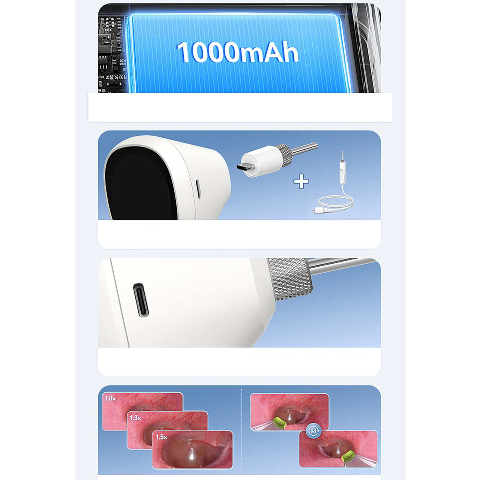 Das Bild zeigt die Batteriekapazität, ein Ohrreinigungsgerät, ein Ladekabel und vergrößerte Ansichten des Gehörgangs.