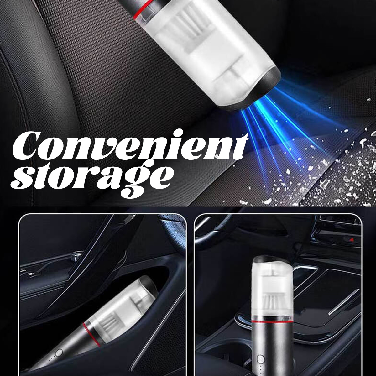 Ein Autostaubsauger wird auf einem Autositz verwendet. Der Staubsauger wird in der Mittelkonsole und im Türfach des Autos aufbewahrt.