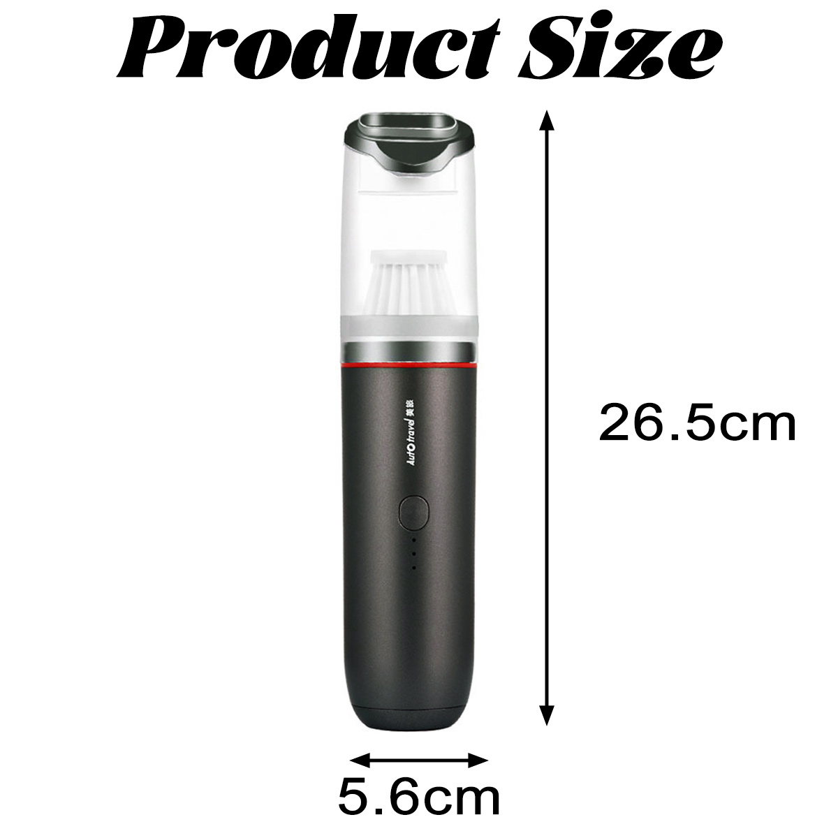 Ein Handstaubsauger. Er ist 26,5 cm lang und 5,6 cm breit. Der Text 'Produktgröße' steht darüber.