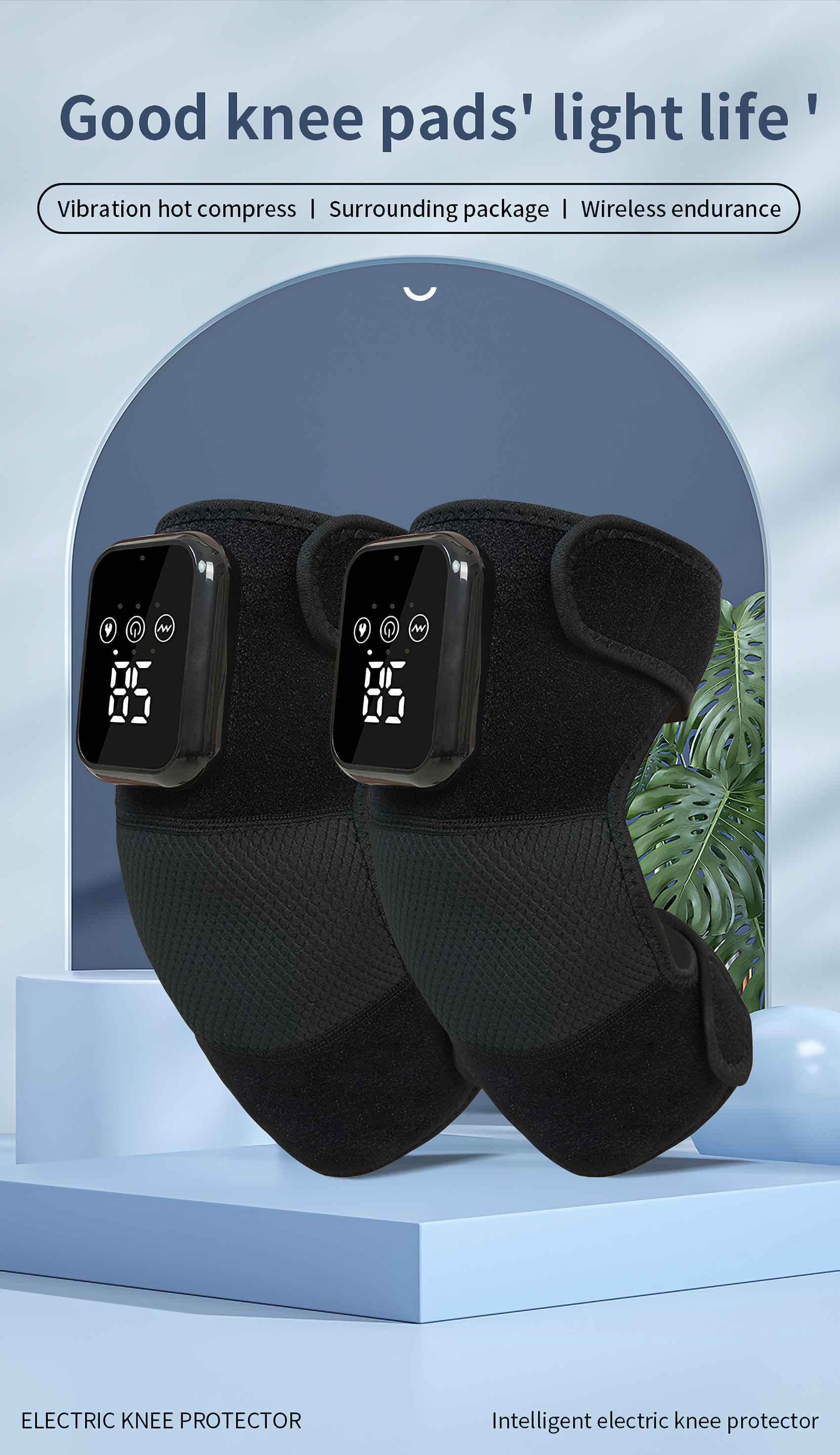 Zwei schwarze Knieschützer mit digitalen Displays. Text oben: 'Gute Knieschützer' leichtes Leben'.