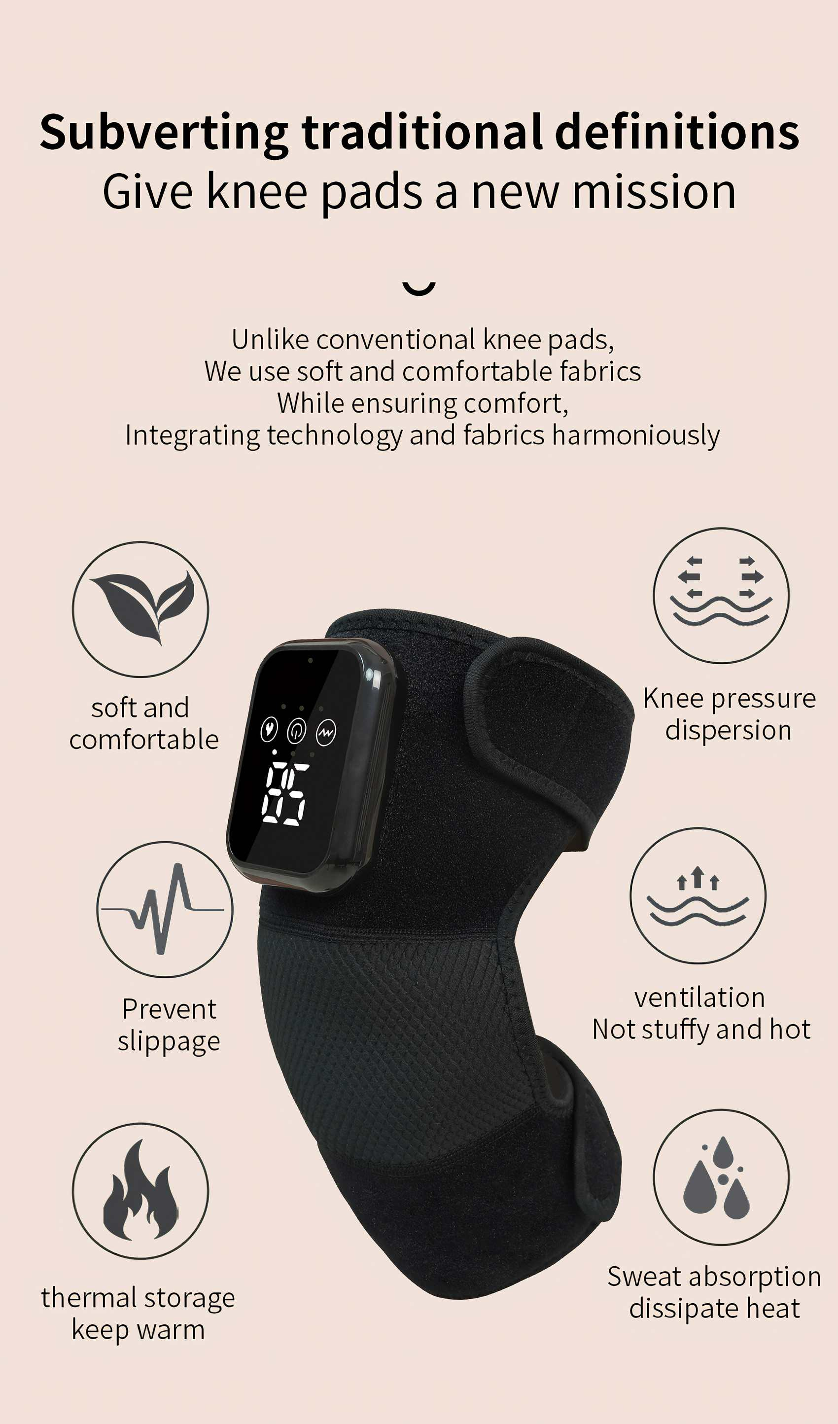 Schwarze Kniebandage mit Digitalanzeige, umgeben von Symbolen, die ihre Eigenschaften beschreiben: Komfort, Druckverteilung, Belüftung und Wärme.