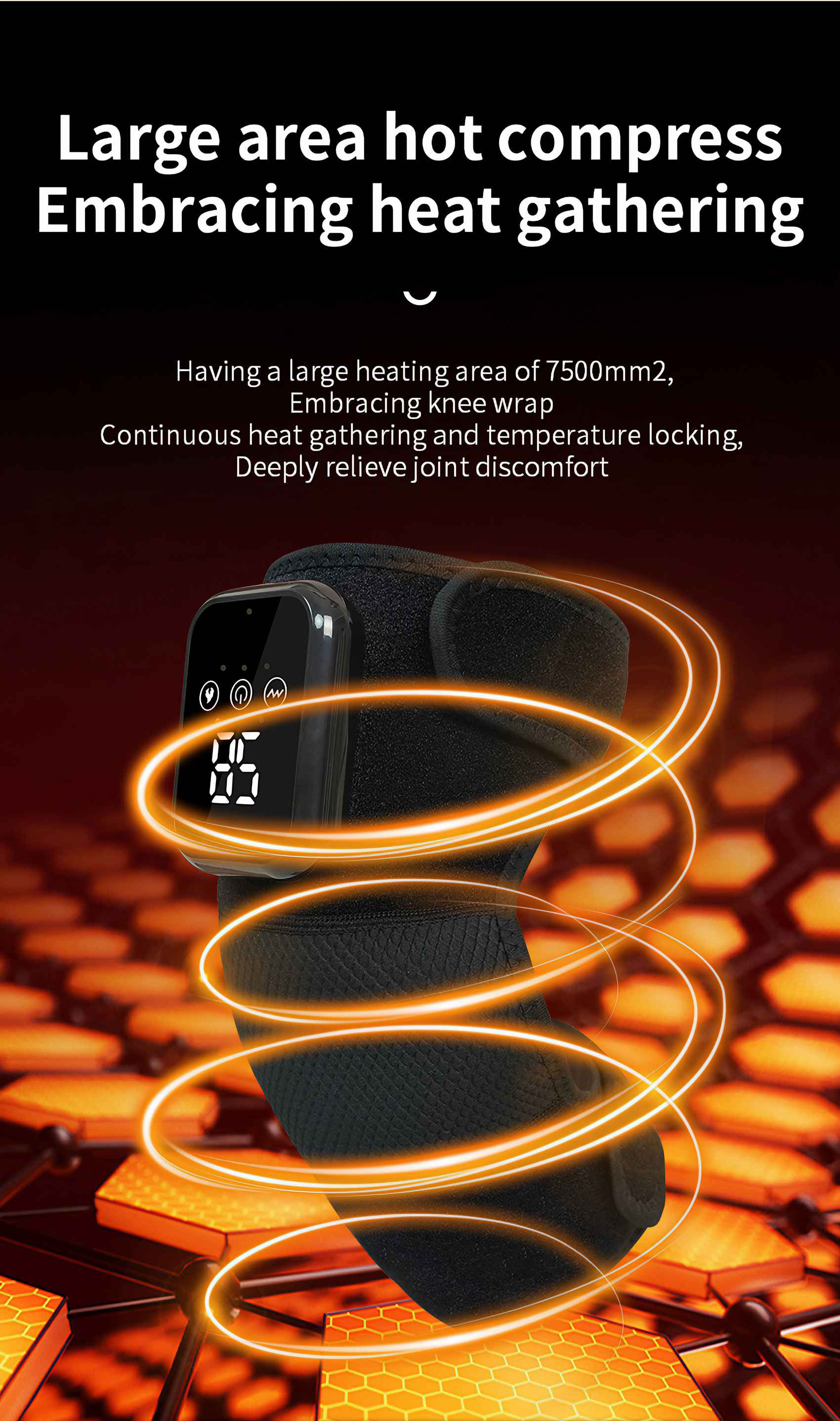 Eine schwarze Kniebandage mit Digitalanzeige. Glühende orangefarbene Linien und ein wabenartiges Design im Hintergrund.