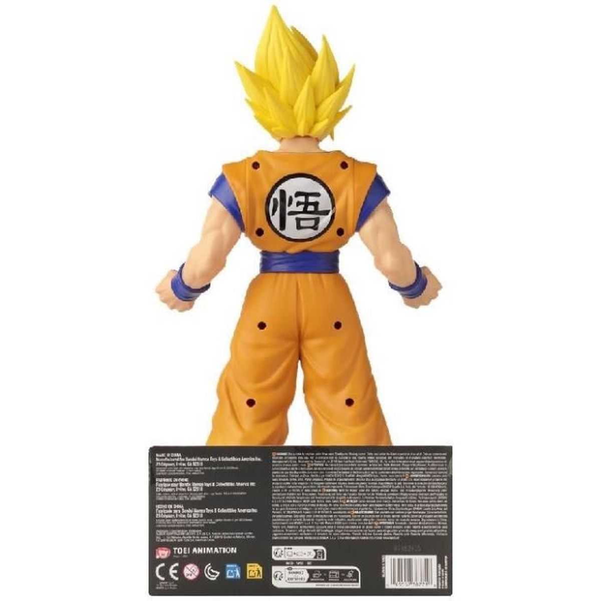 Figurka Goku, żółte włosy, pomarańczowy strój, niebieskie akcenty i czarna podstawa z tekstem.