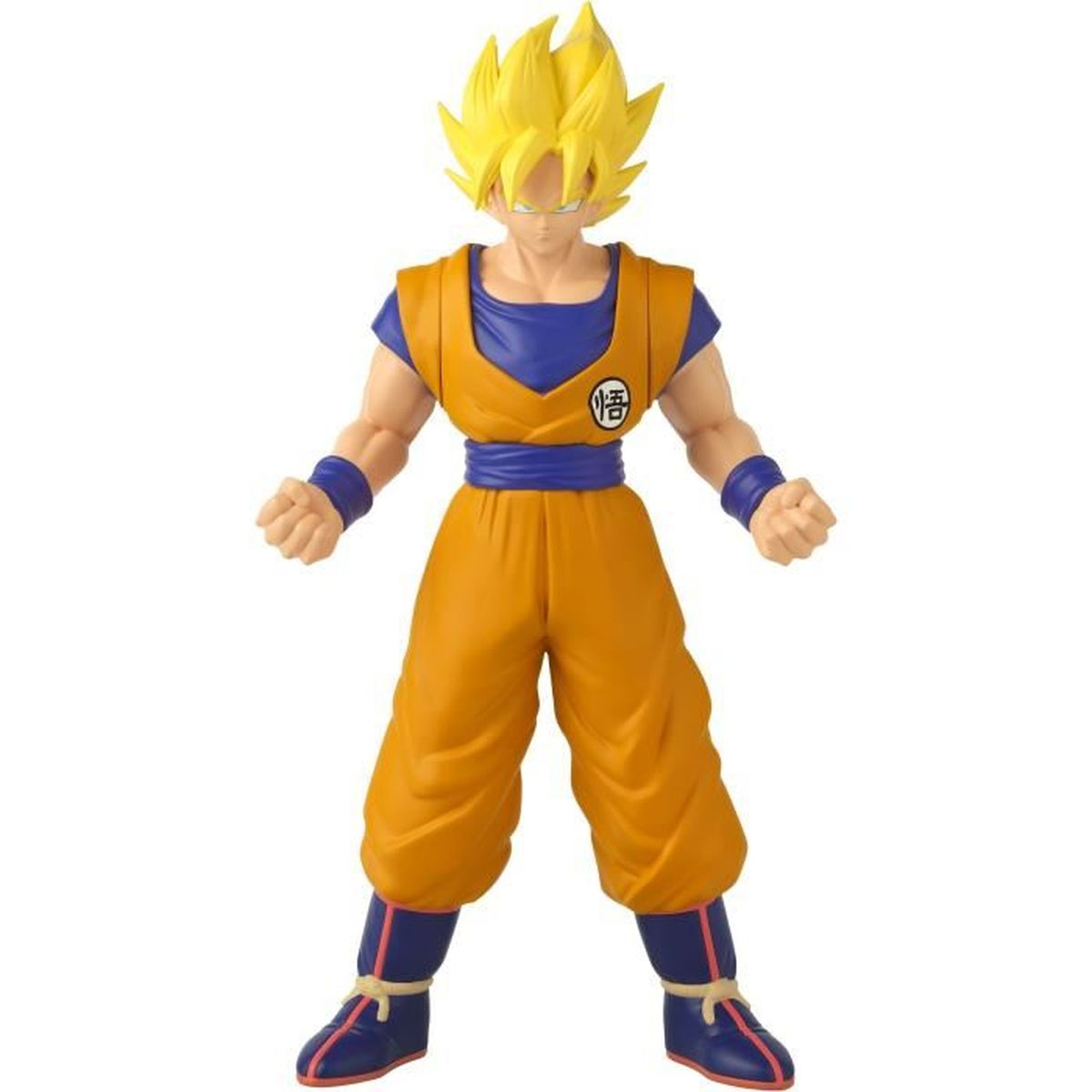 Figurka Goku w pomarańczowo-niebieskim stroju, z kolczastymi żółtymi włosami, stoi ze zaciśniętymi pięściami.