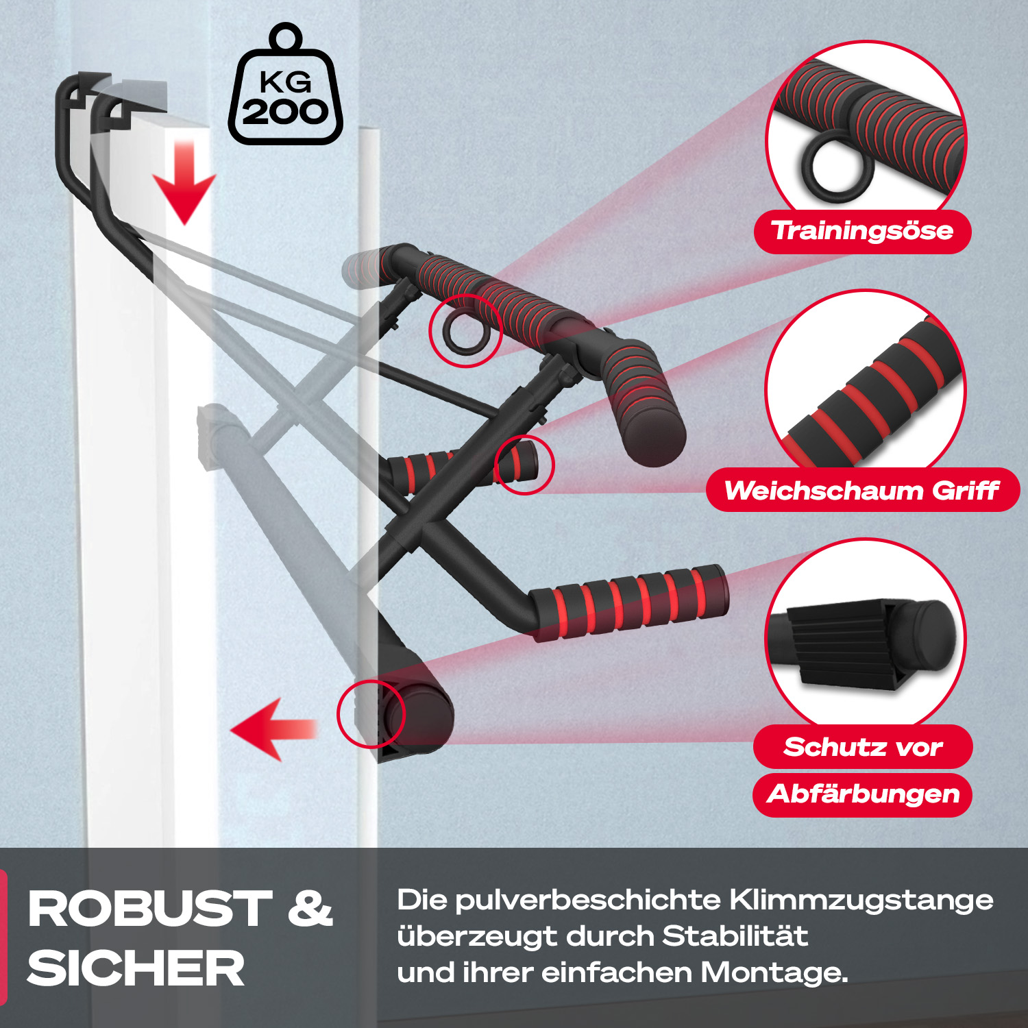 Eine schwarze Klimmzugstange mit roten Akzenten ist an einem weißen Türrahmen befestigt. Details umfassen Trainingsschlaufen und Weichschaumgriffe.