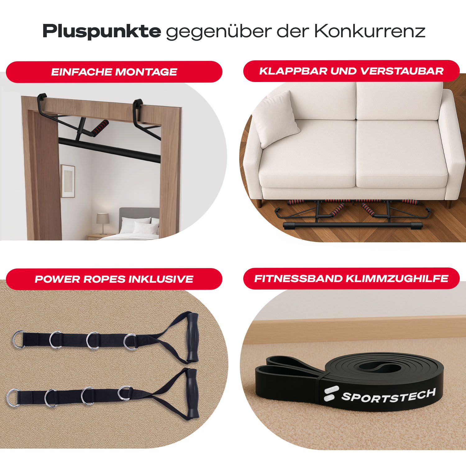 Das Bild zeigt Fitnessgeräte und -funktionen. Es umfasst eine Klimmzugstange, ein Sofa, Power-Ropes und ein Fitnessband, alle auf verschiedenen Hintergründen.
