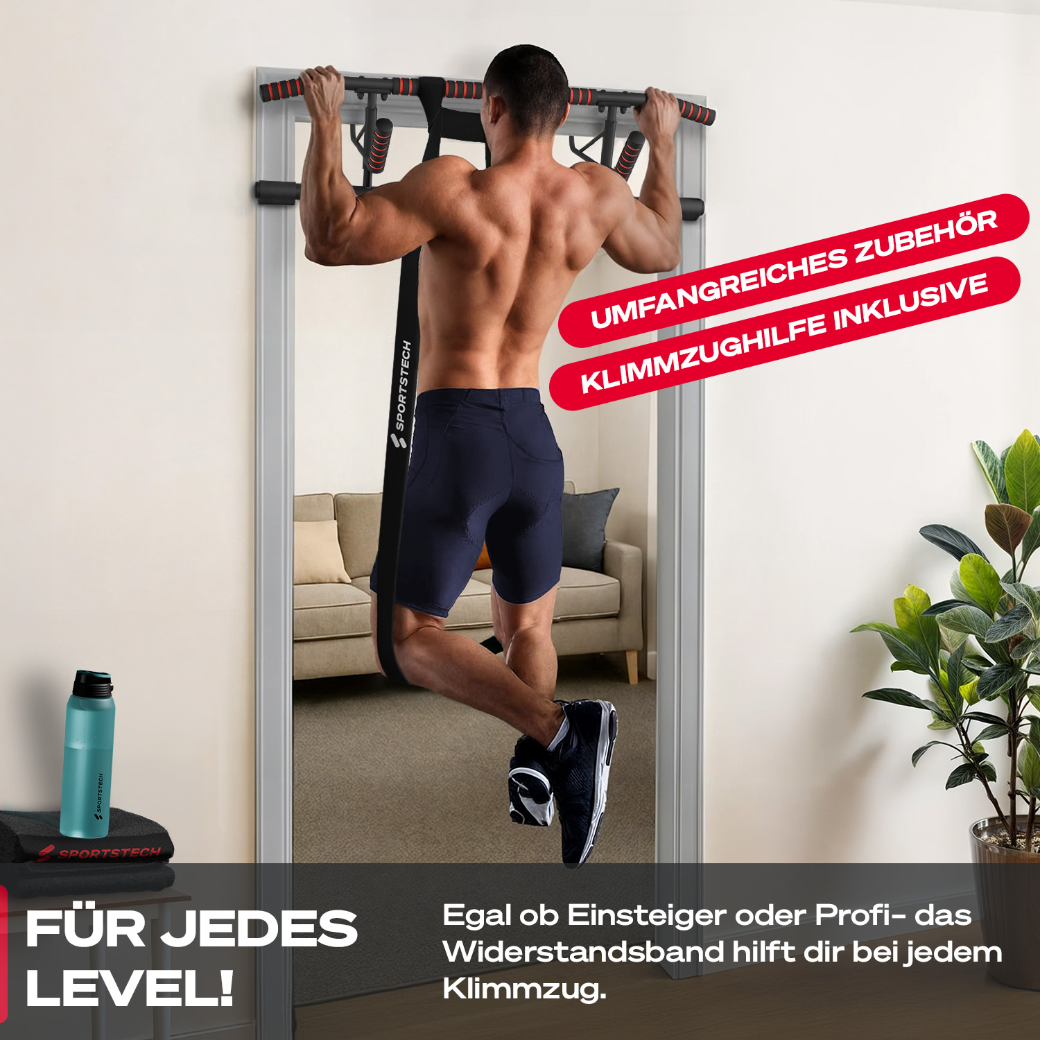Ein Mann macht Klimmzüge an einer Stange. Eine Wasserflasche und Text sind im Bild zu sehen.