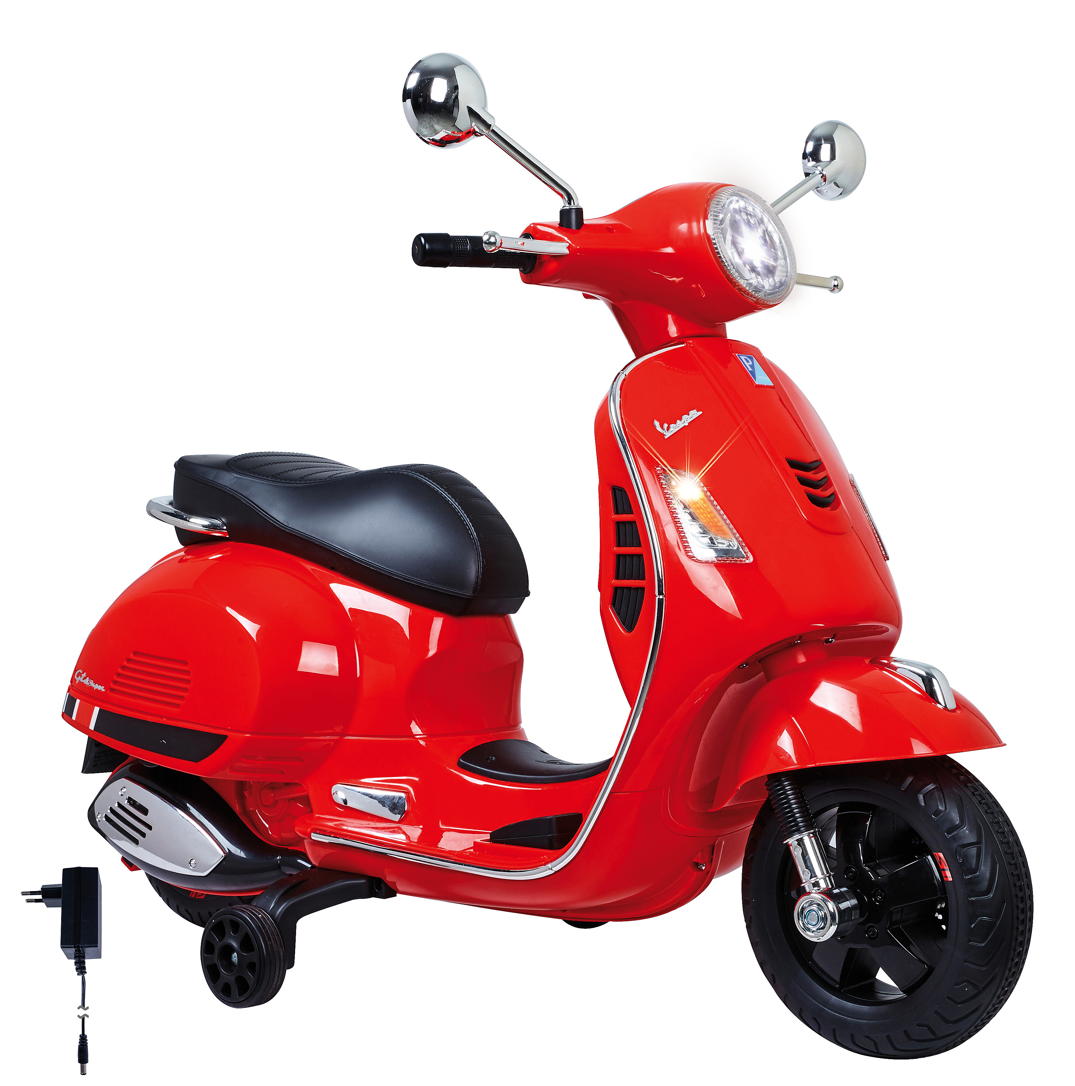 Ein rotes Vespa-Roller-Spielzeug mit schwarzem Sitz, Reifen und Ladegerät. Es hat eine glänzende Chromoberfläche.