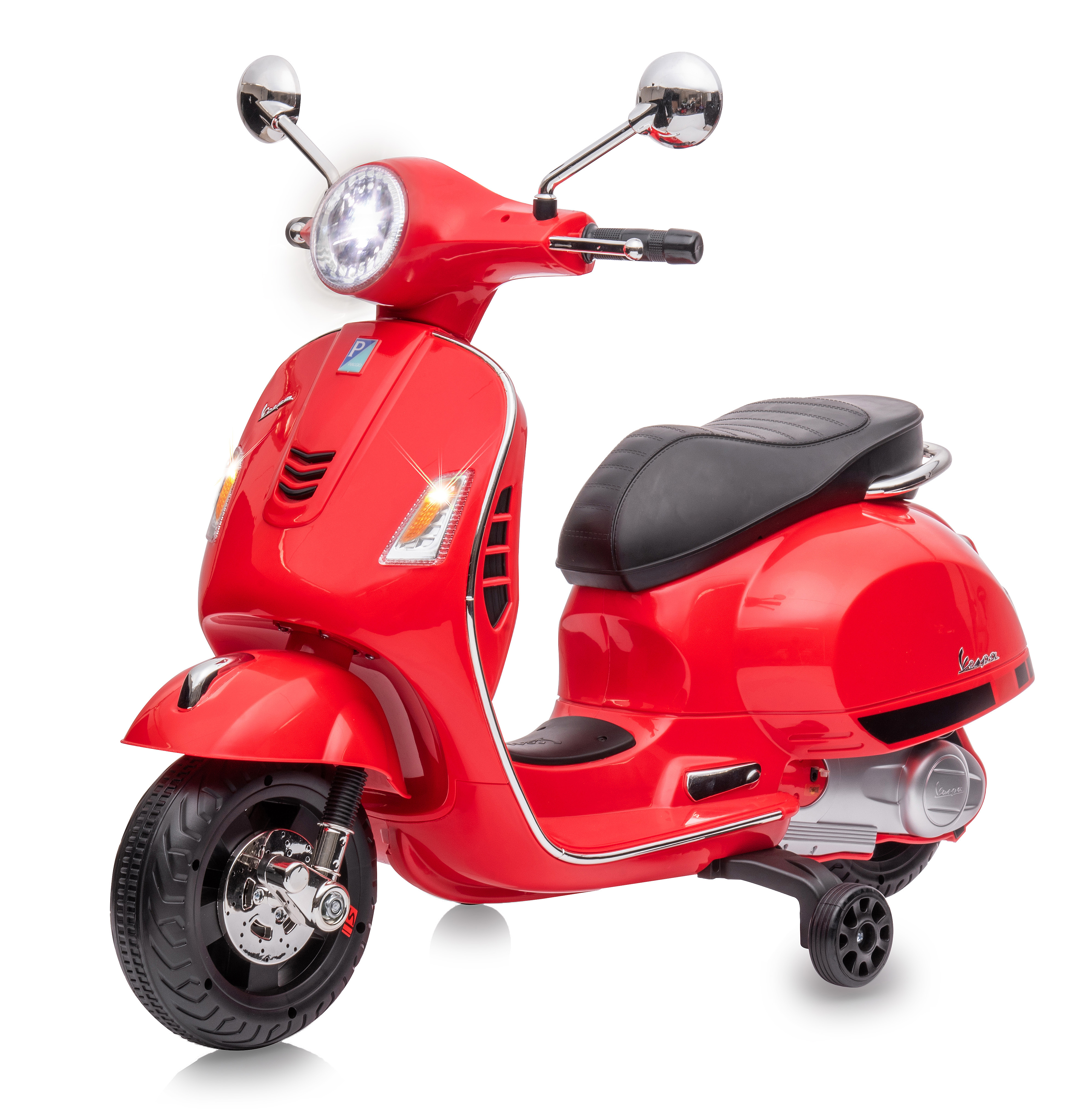 Ein roter Vespa-Roller mit schwarzen Reifen und Sitz. Es hat Chromakzente und ein Vespa-Logo.