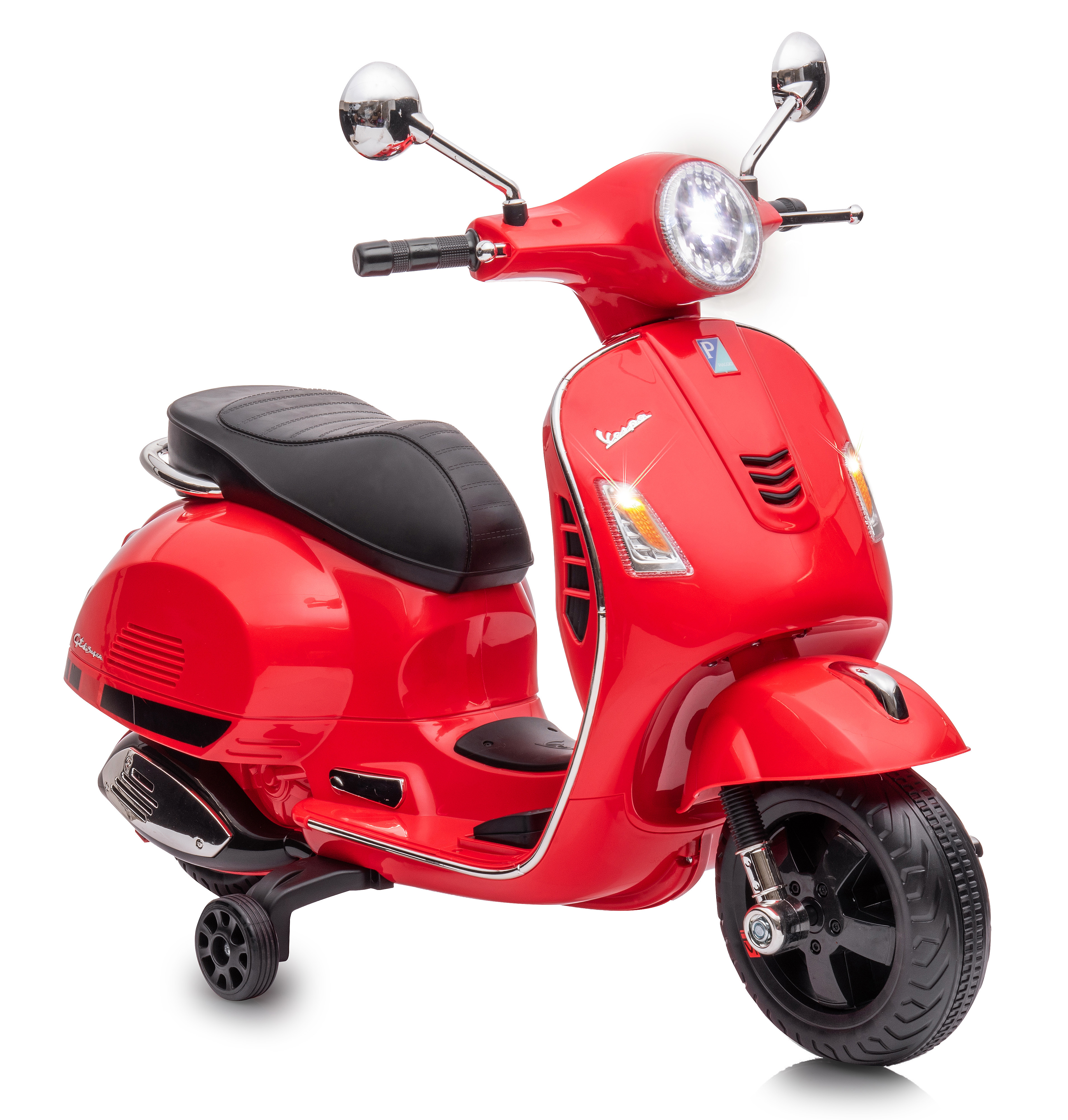Ein roter Spielzeugroller im Vespa-Stil. Er hat schwarze Reifen und Sitz, Chromdetails und einen weißen Hintergrund.