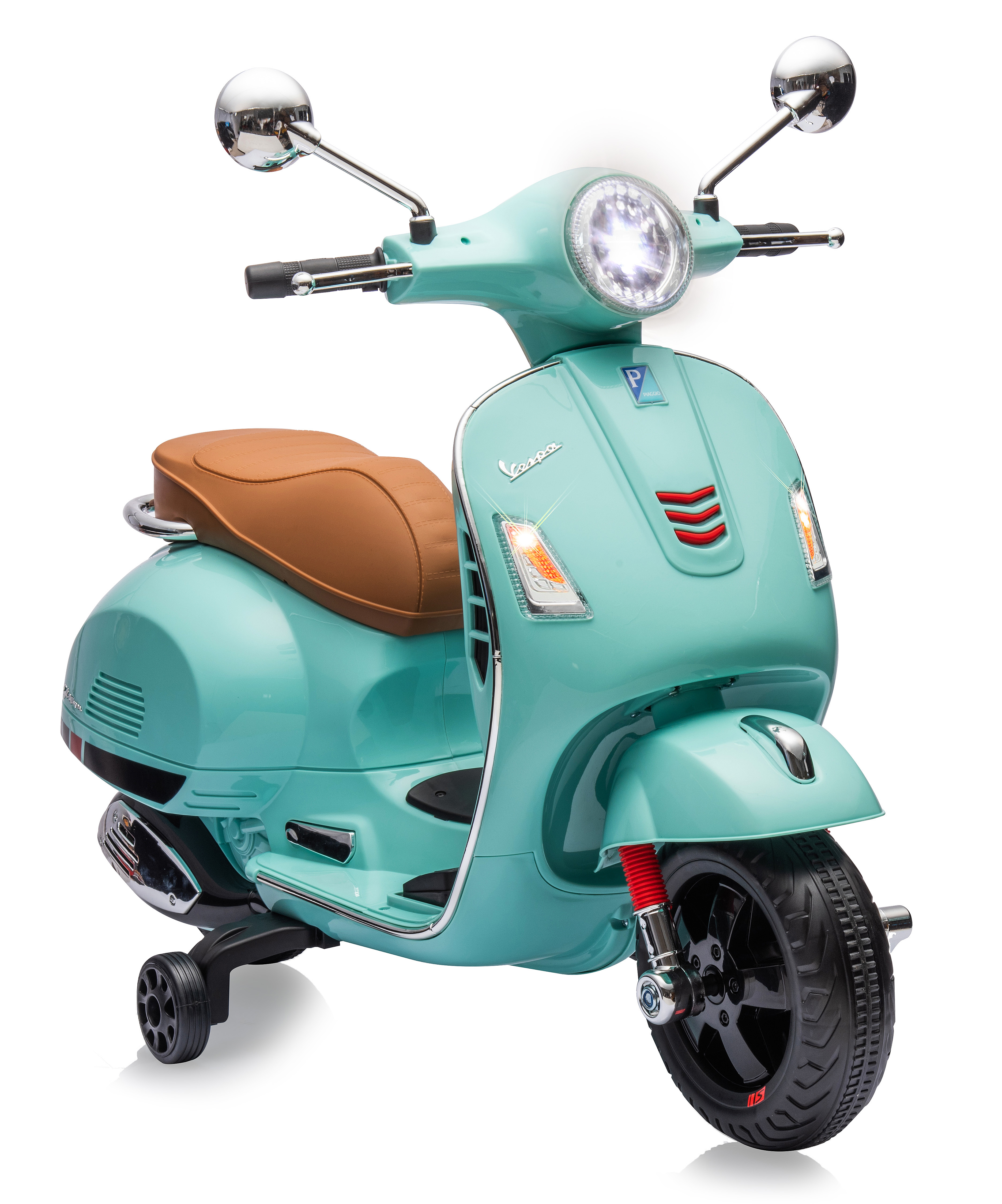 Ein türkisfarbener Vespa-Roller mit braunem Sitz, schwarzen Rädern und Chromspiegeln auf weißem Hintergrund.