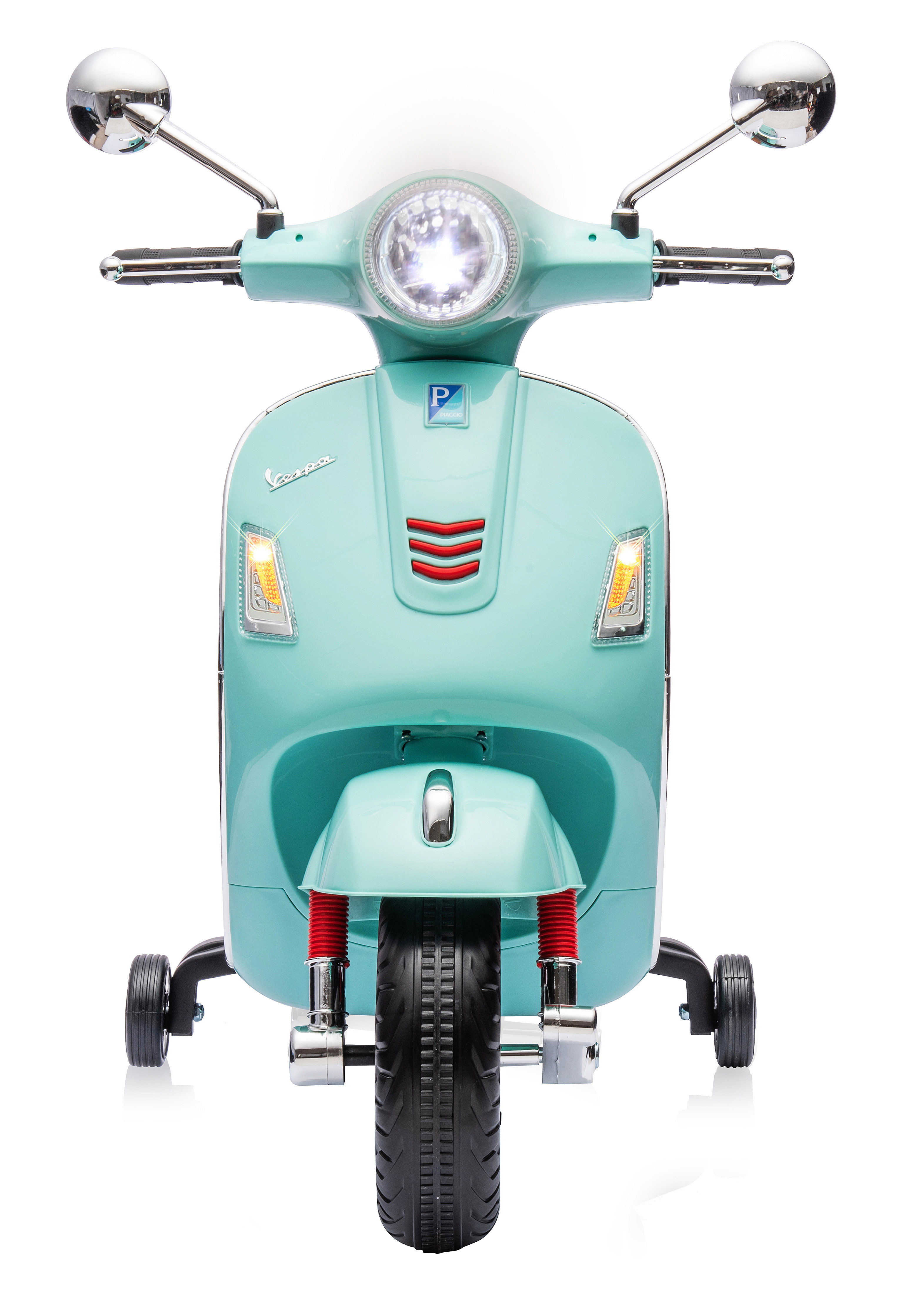 Minzfarbener Vespa-Roller mit Stützrädern. Er hat einen runden Scheinwerfer, Spiegel und rote Stoßdämpfer.
