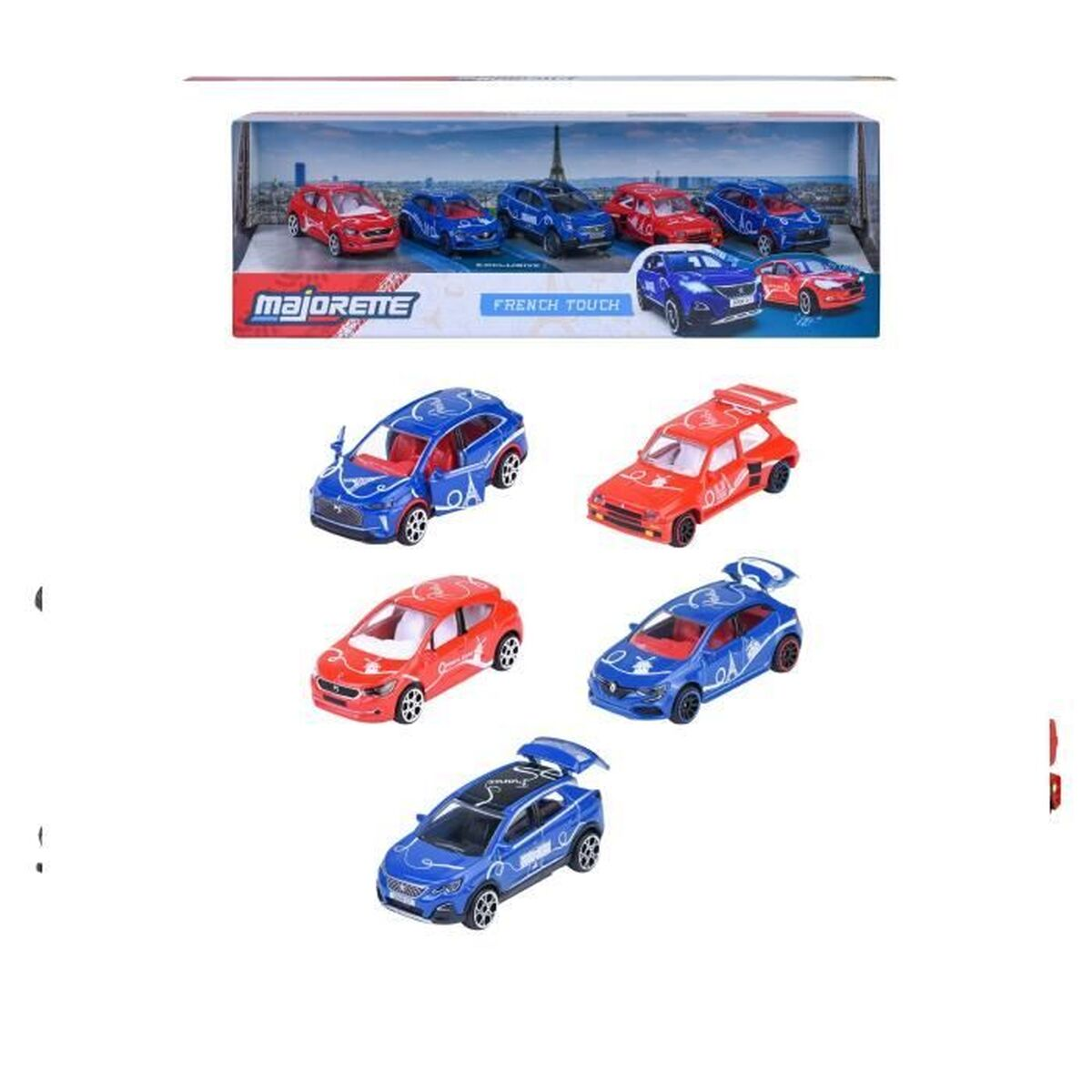 Ein Satz Spielzeugautos, rot und blau. Die Box hat ein französisches Thema. Einige Autos sind in der Box, andere außerhalb.