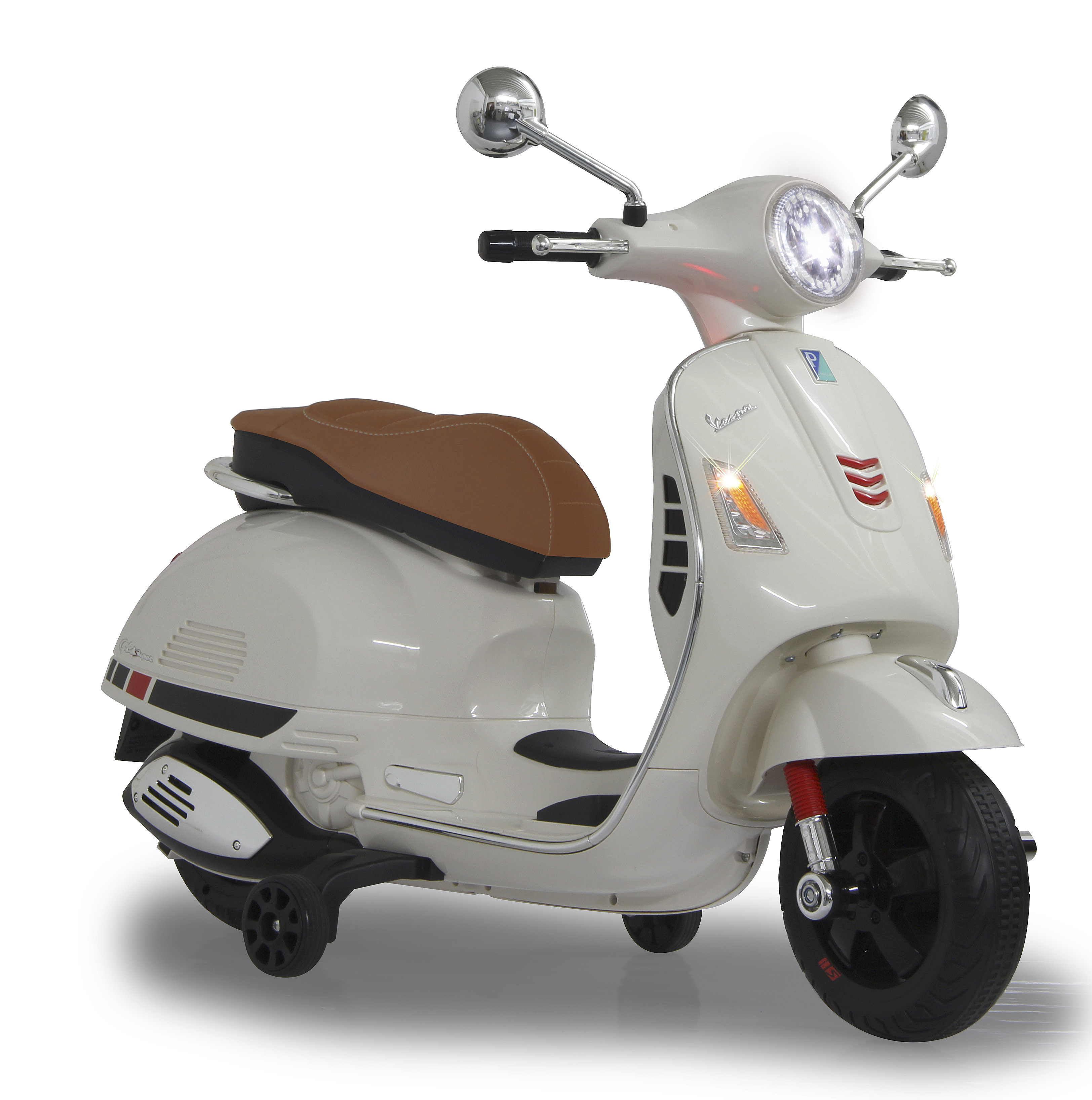 Giocattolo scooter Vespa bianco con sedile marrone, ruote nere, specchietti cromati e luci su sfondo bianco.