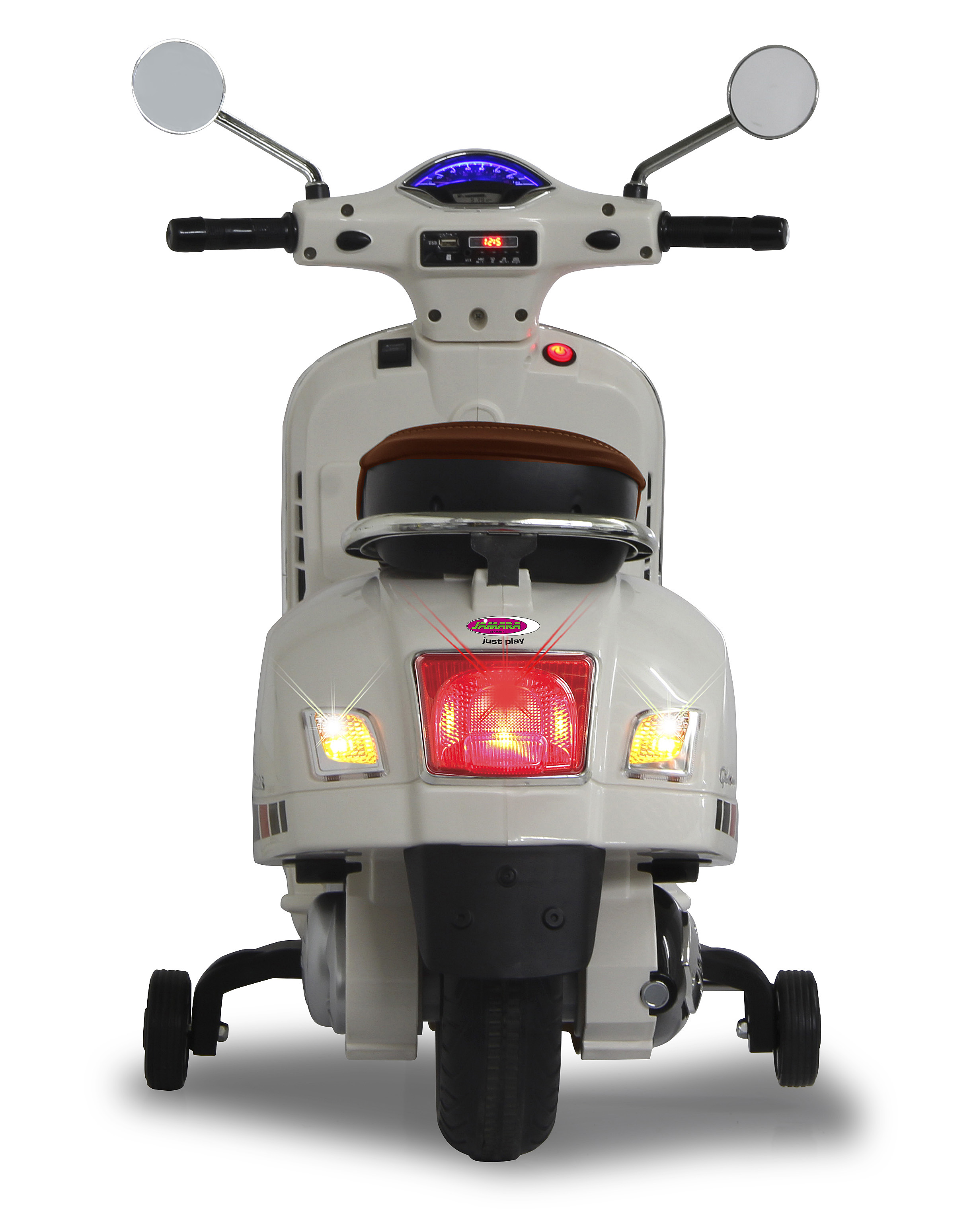 Scooter giocattolo bianco con sedile marrone, ruote nere e specchietti rotondi. Il fanale posteriore è rosso.