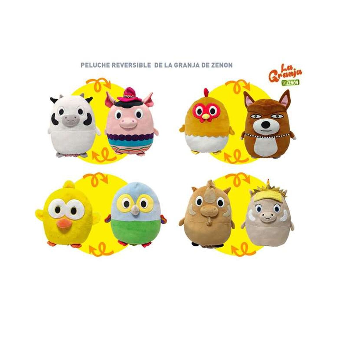 Siete peluches de animales de granja: vaca, cerdo, pollo, perro, pollito, búho, rinoceronte y llama. Círculos amarillos y texto de fondo.