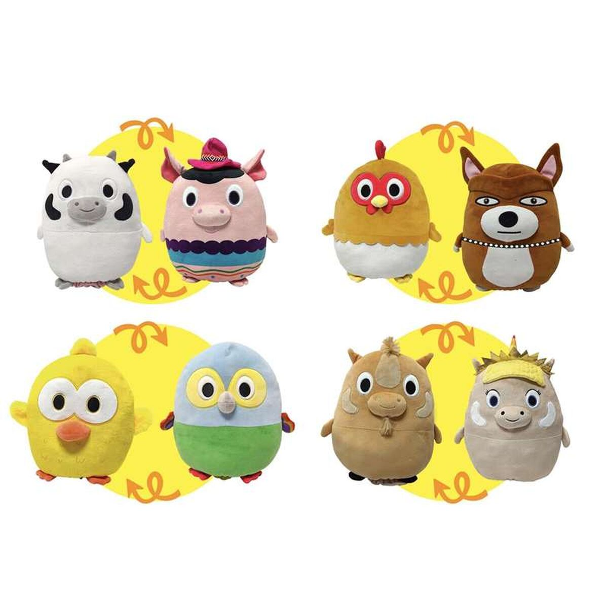 Ocho animales de peluche en fila. Son varios animales, como una vaca, un cerdo, un pollo, un perro, un pollito, un búho, un caballo y un erizo.