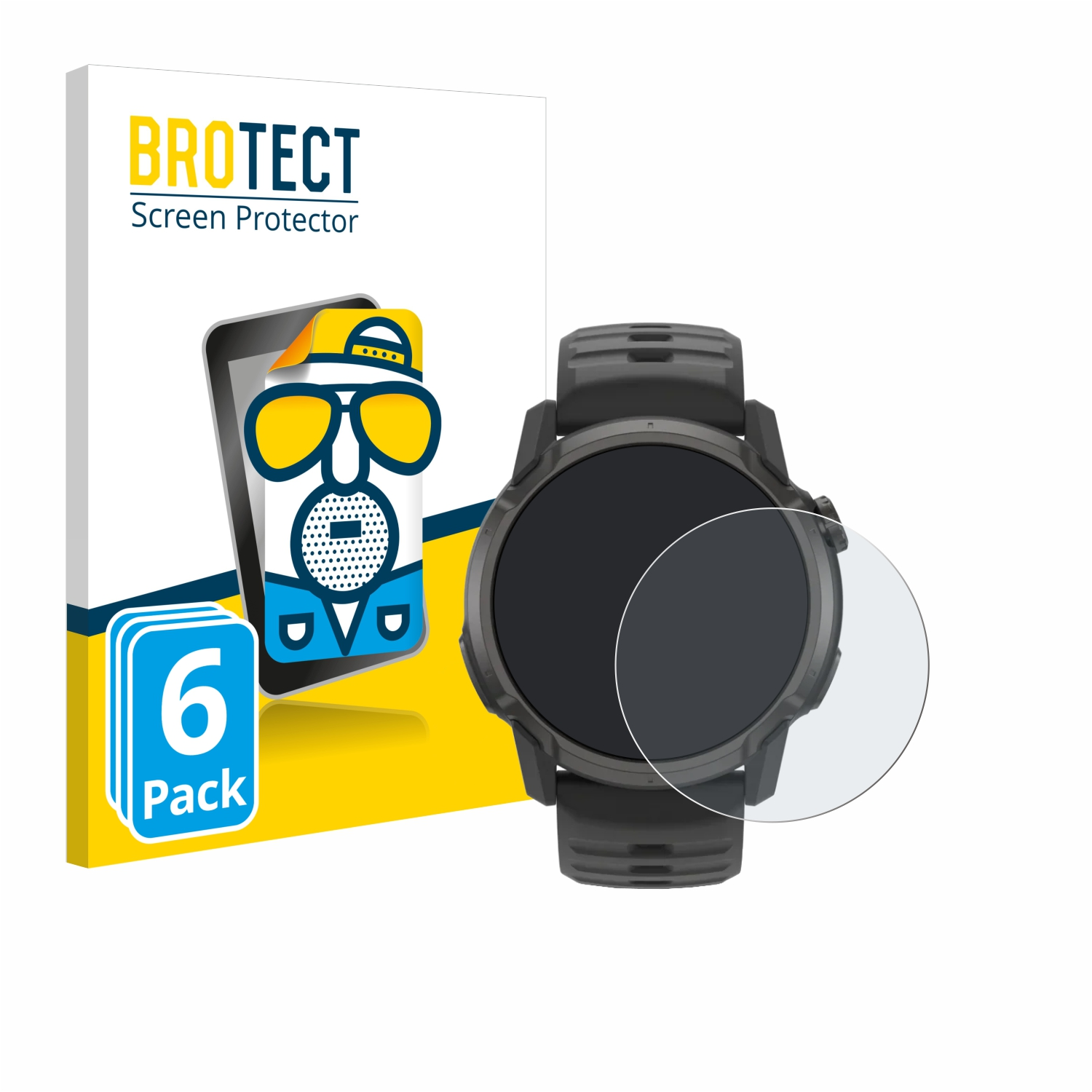 Eine Smartwatch mit Displayschutzfolie und eine 6er-Packung Displayschutzfolien. Die Box hat eine Cartoonfigur und den Markennamen.
