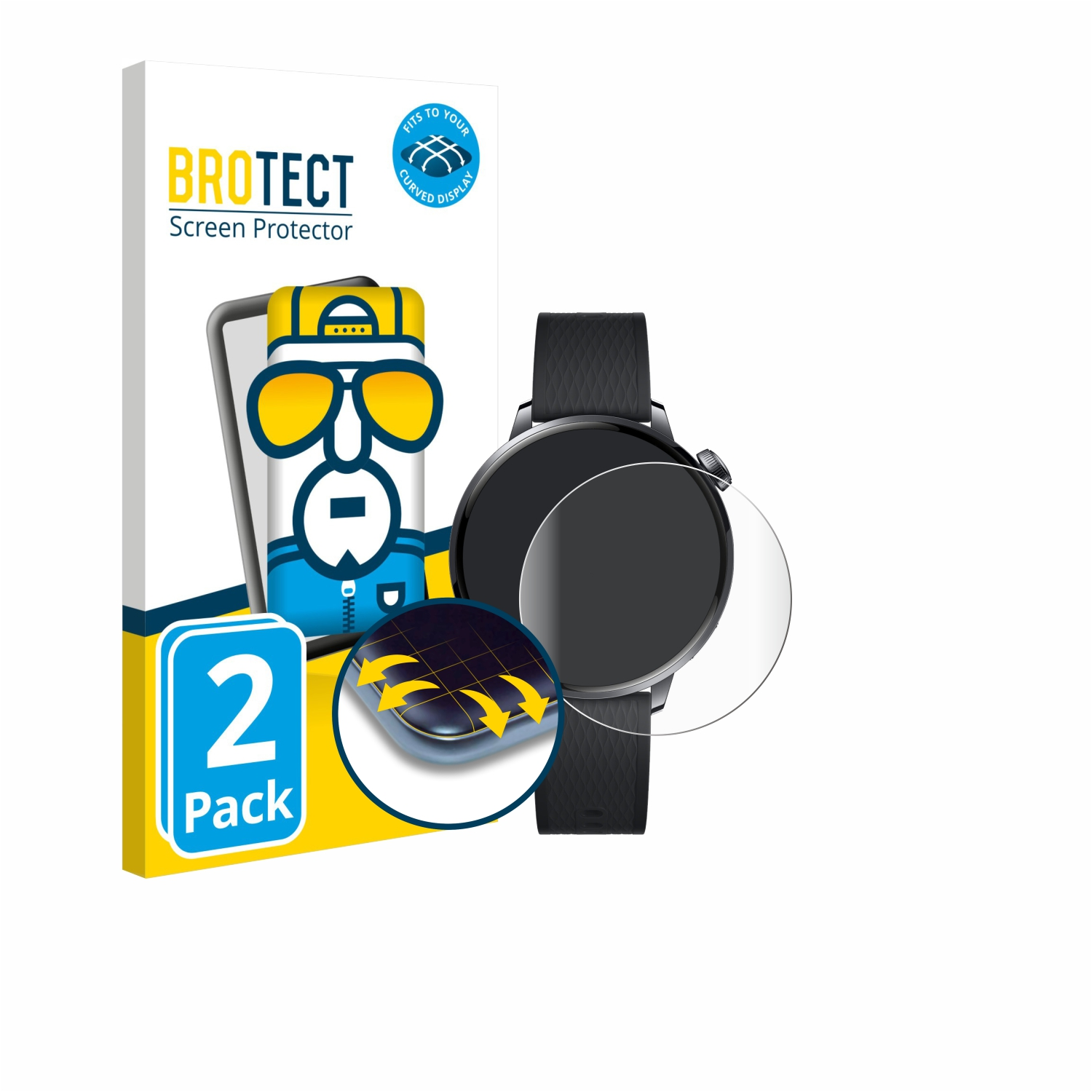 Eine Displayschutzfolien-Box mit einem Cartoon-Mann, eine Uhr mit Displayschutzfolie und der Text '2er-Pack'.