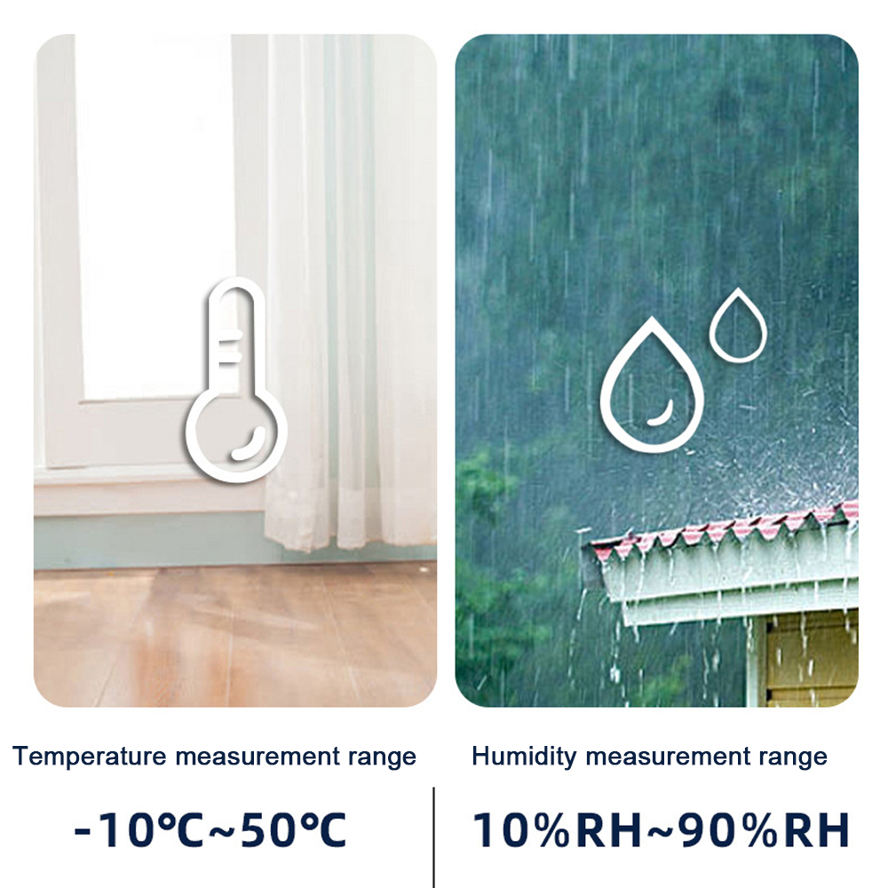 Das Bild zeigt Temperatur- und Feuchtigkeitsmessbereiche. Temperatur von -10°C bis 50°C. Feuchtigkeit von 10% RH bis 90% RH.