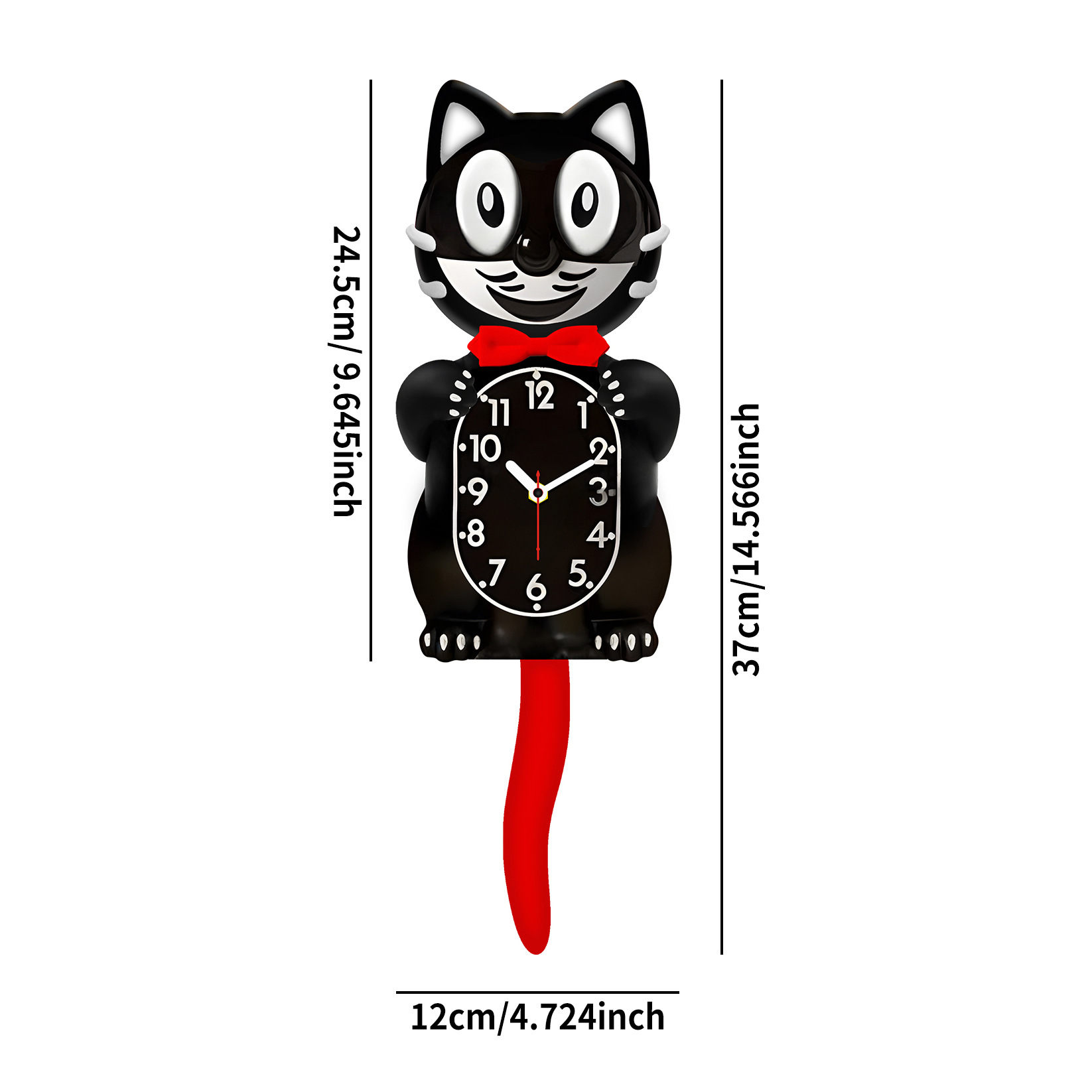 Eine schwarze Katzen-Uhr mit roter Fliege. Das Zifferblatt zeigt die Uhrzeit. Ein roter Schwanz hängt herunter.