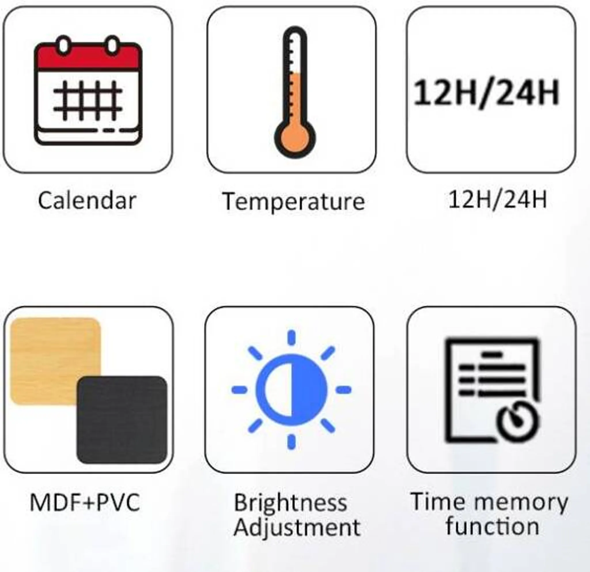 Das Bild zeigt sechs Icons: Kalender, Thermometer, 12H/24H, MDF+PVC, Helligkeitseinstellung und Zeitmemory-Funktion.