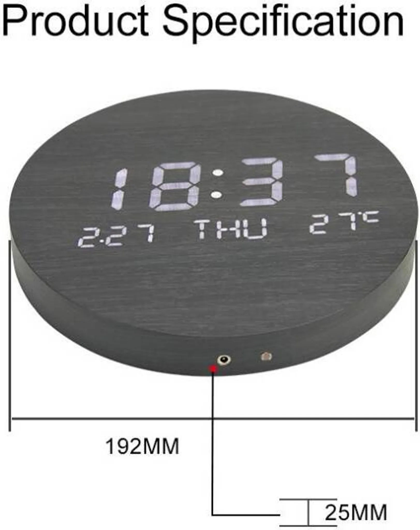 Eine runde Digitaluhr zeigt 18:37, 2:27, DO und 27°C an. Abmessungen: 192 mm Durchmesser, 25 mm Dicke.