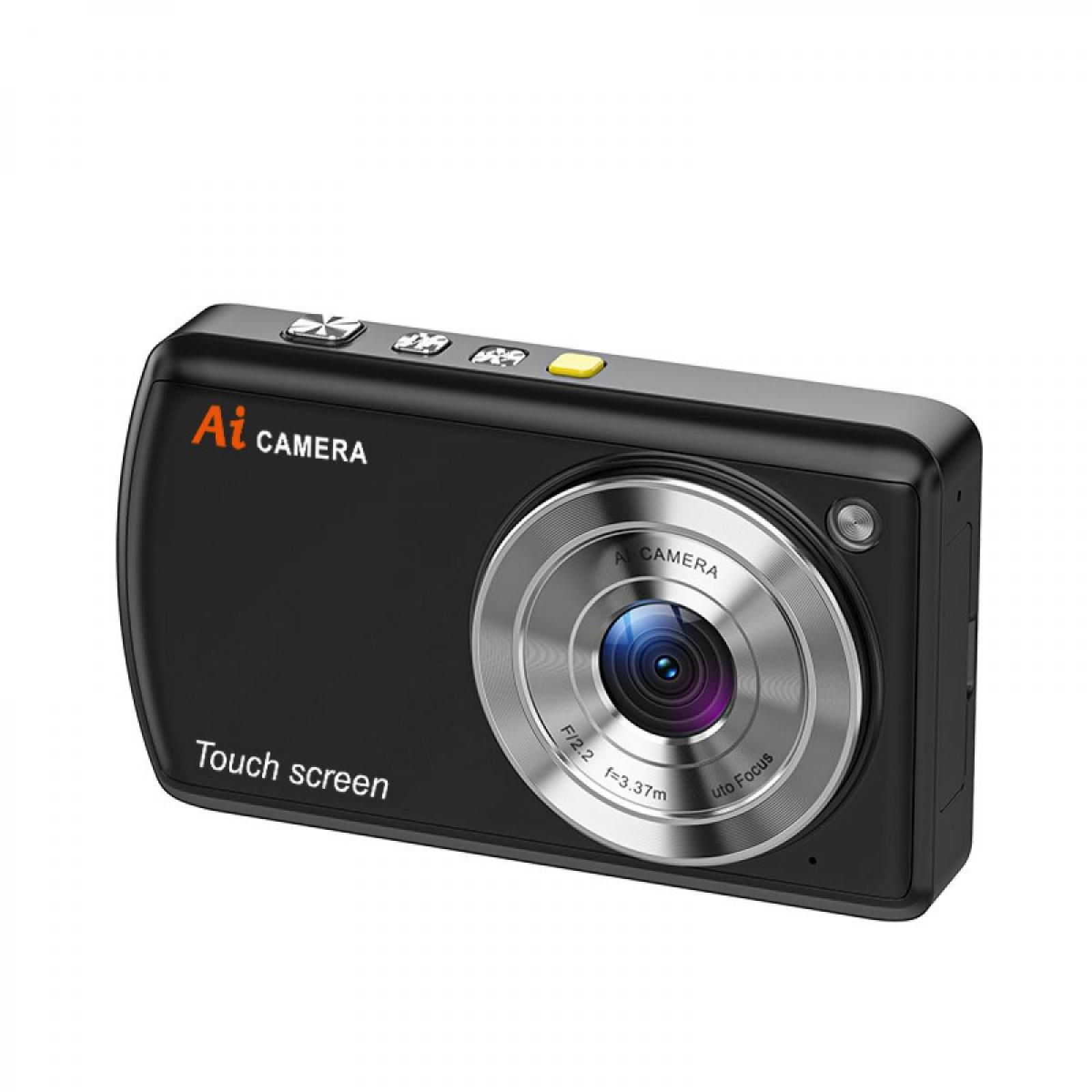 Eine schwarze AI-Kamera mit silbernem Objektiv. Sie hat einen Touchscreen und mehrere Tasten. Auf dem Objektiv steht 'Auto Focus'.