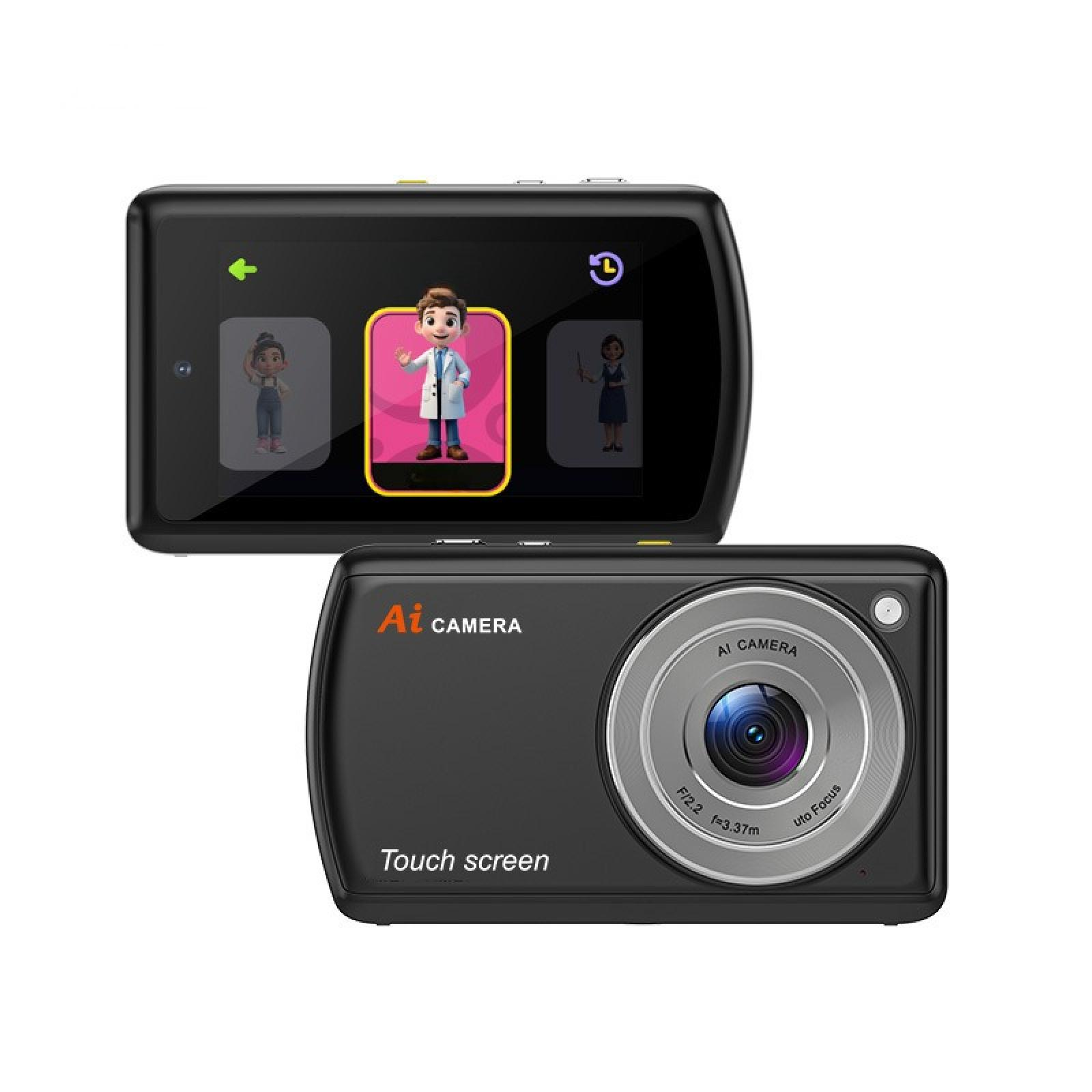 Schwarze KI-Kamera mit Bildschirm, auf dem Zeichentrickfiguren zu sehen sind. Die Kamera hat ein Objektiv und einen Touchscreen.
