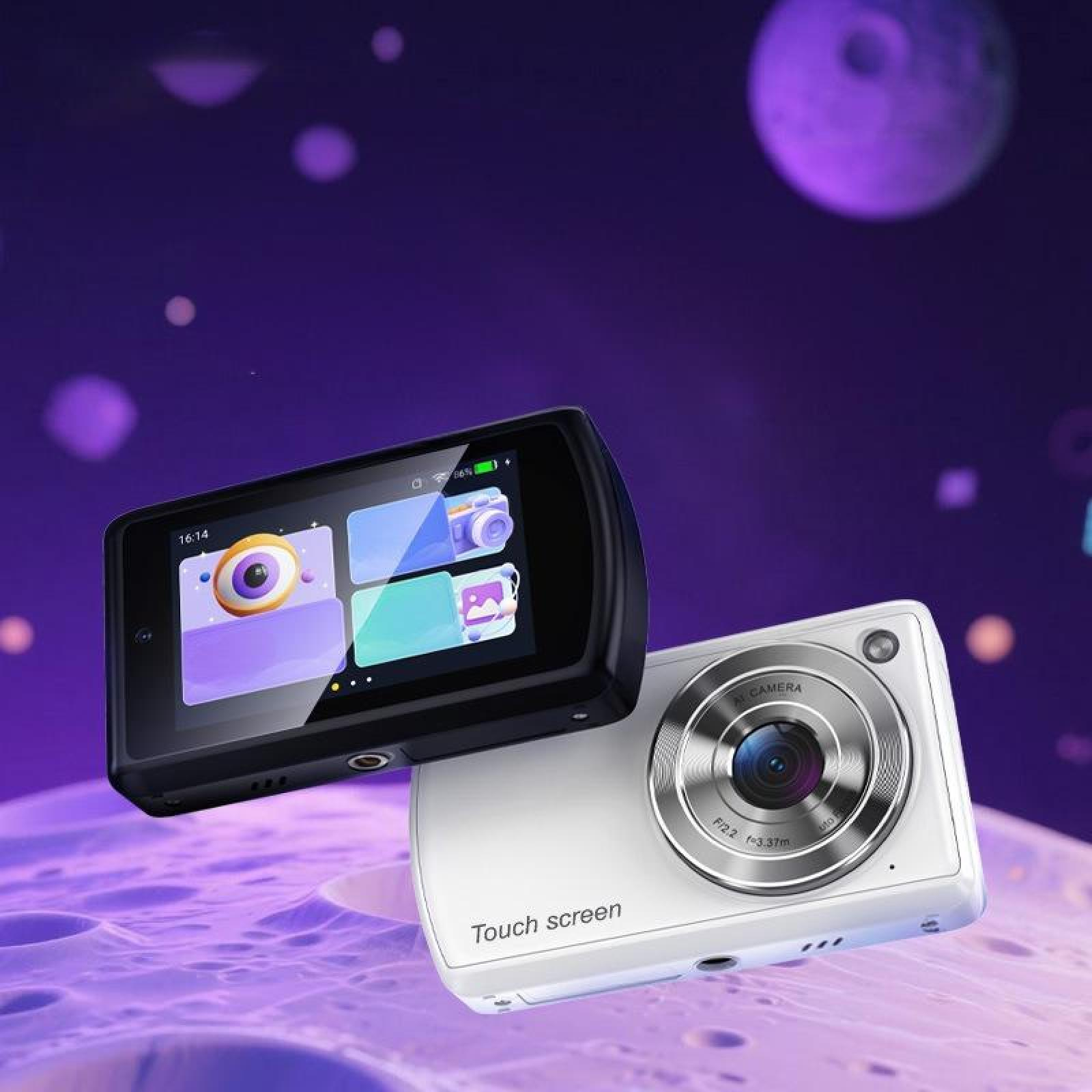 Eine weiße und schwarze Kamera, Touchscreen oben. Purpurner Hintergrund mit weißen und lilafarbenen Kreisen.