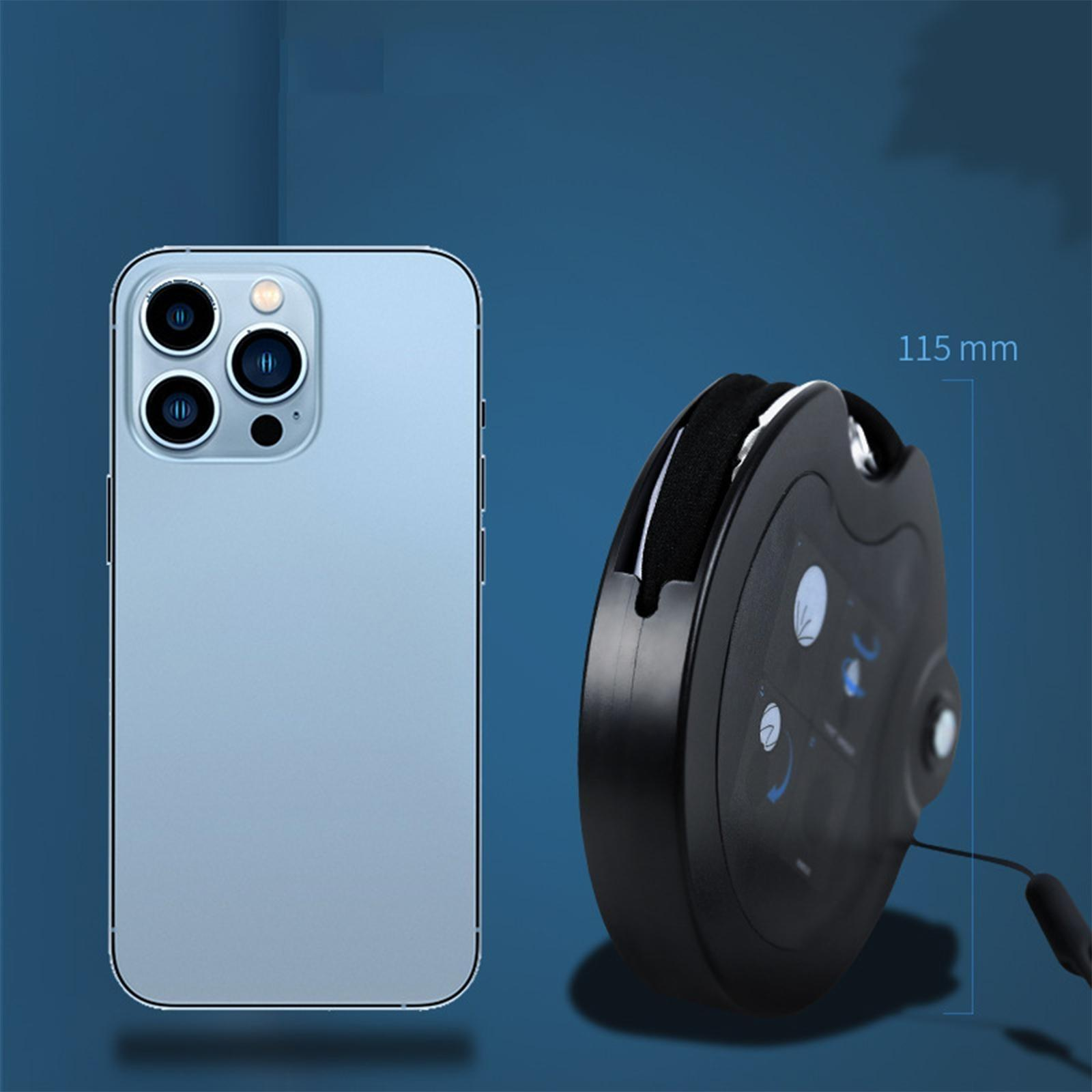 Ein Telefon und ein schwarzes Gerät. Das Telefon ist hellblau. Das Gerät hat eine schwarz-weiße Rolle mit schwarzem Kabel.