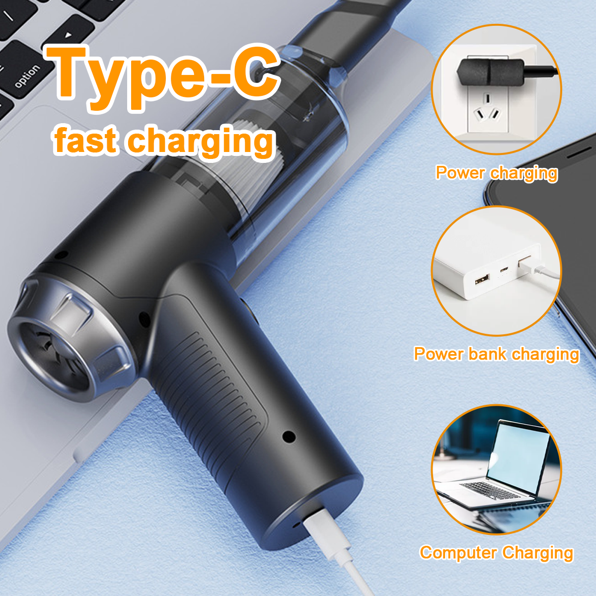 Ein schwarzer Typ-C-Staubsauger mit Ladeoptionen: Steckdose, Powerbank und Computer. Text lautet "Type-C Schnellladung".