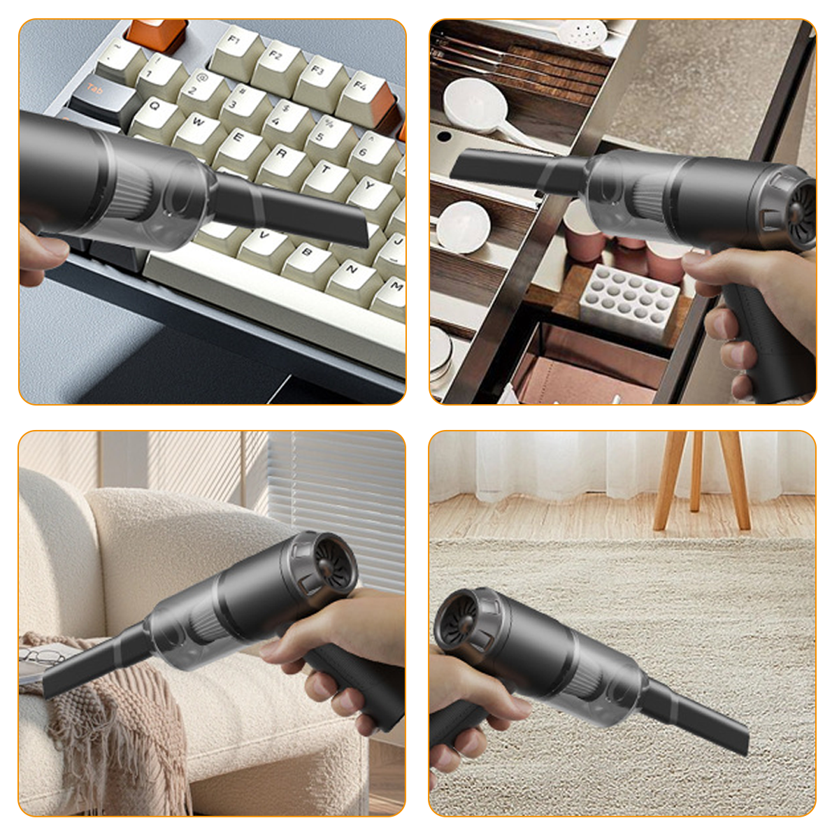 Ein Handstaubsauger wird auf einer Tastatur, in einer Schublade, auf einem Sofa und auf einem Teppich verwendet. Der Staubsauger ist schwarz und grau.
