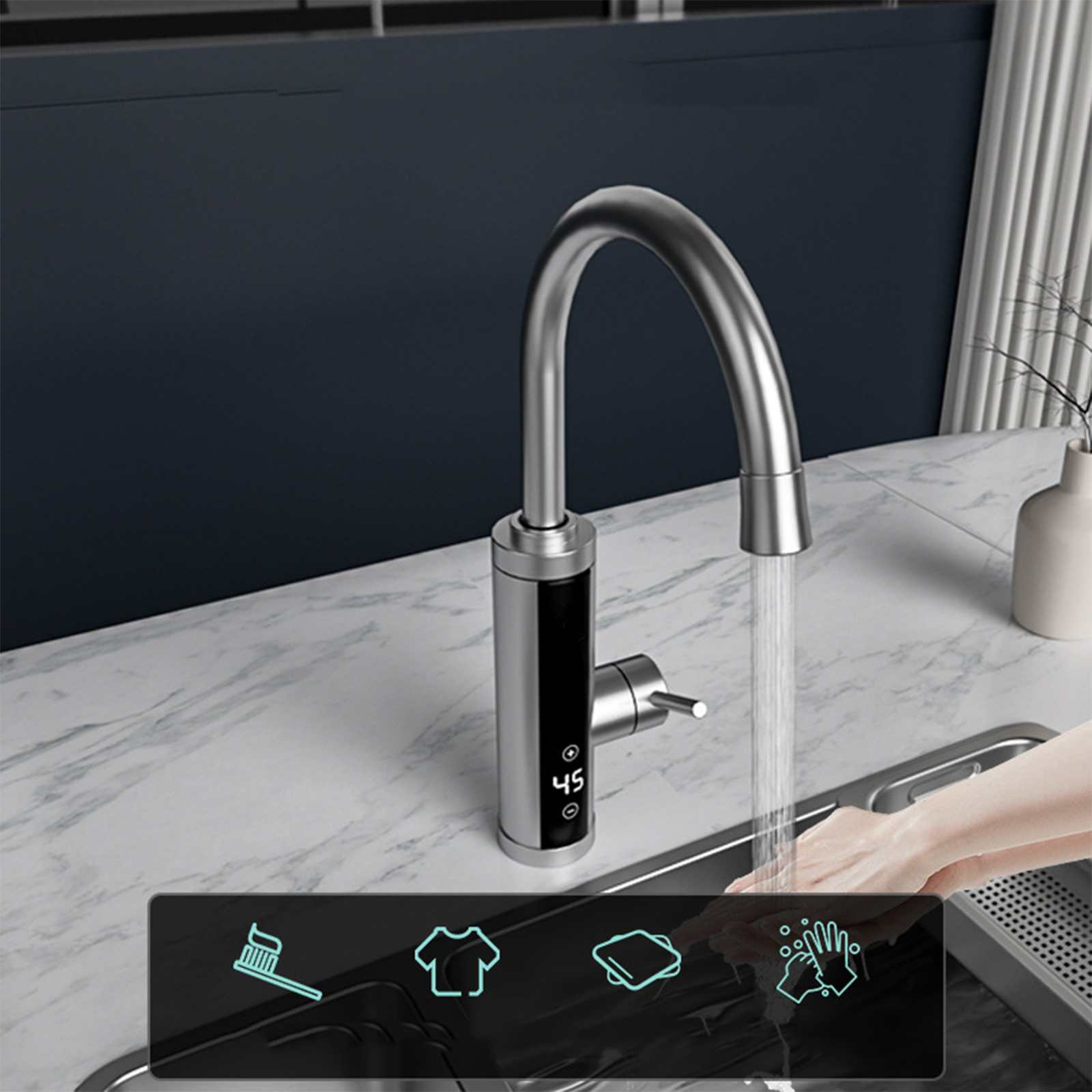 Ein moderner silberner Wasserhahn gibt Wasser ab. Ein digitales Display zeigt 45. Symbole für Hygiene sind unten.