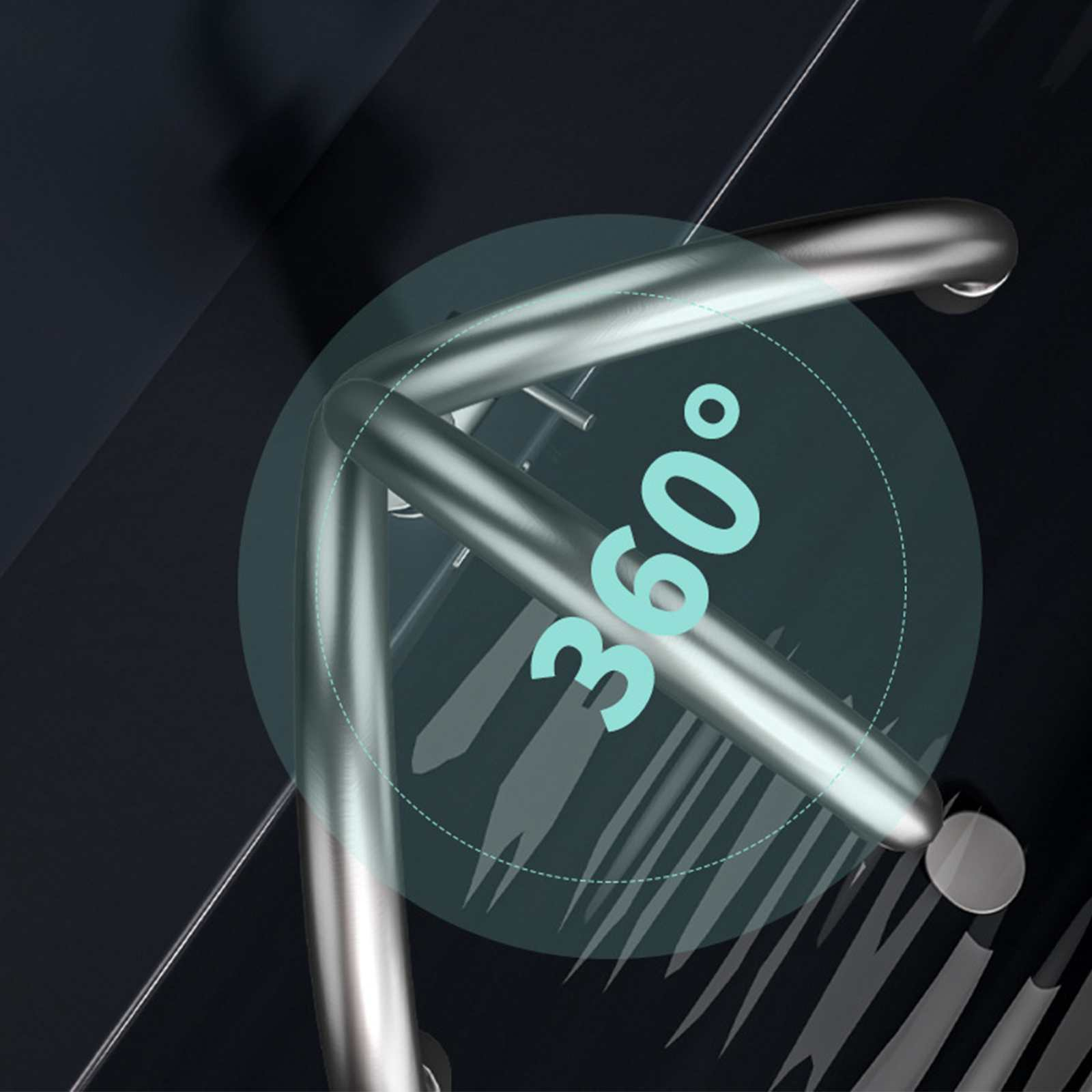 Ein metallischer, um 360 Grad drehbarer Griff wird vor einem dunklen, abgewinkelten Hintergrund mit einer kreisförmigen Grafik überlagert.