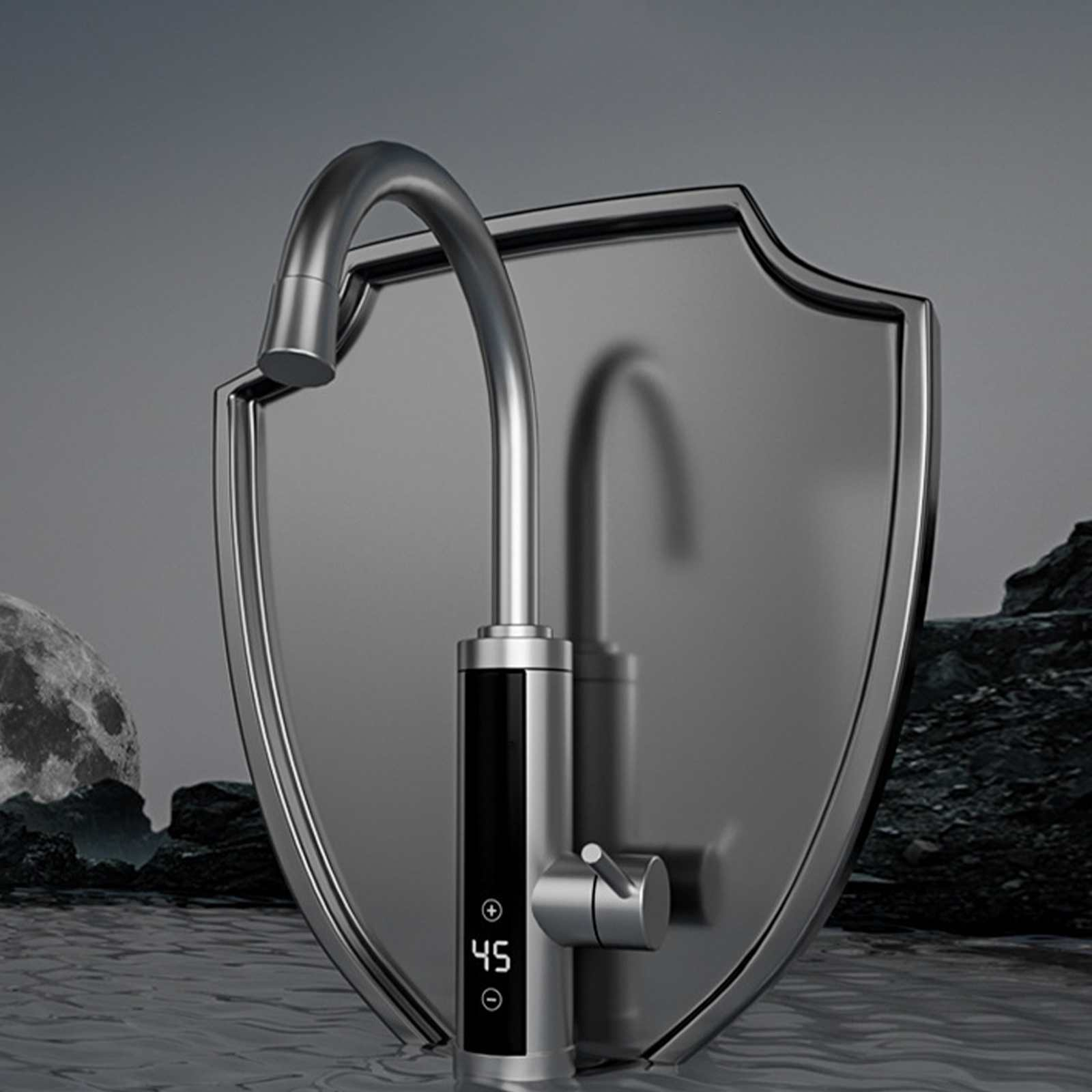 Ein metallischer Wasserhahn mit Digitalanzeige vor einem schildförmigen Hintergrund. Die Szene ist dunkel, mit Mond und Felsen.