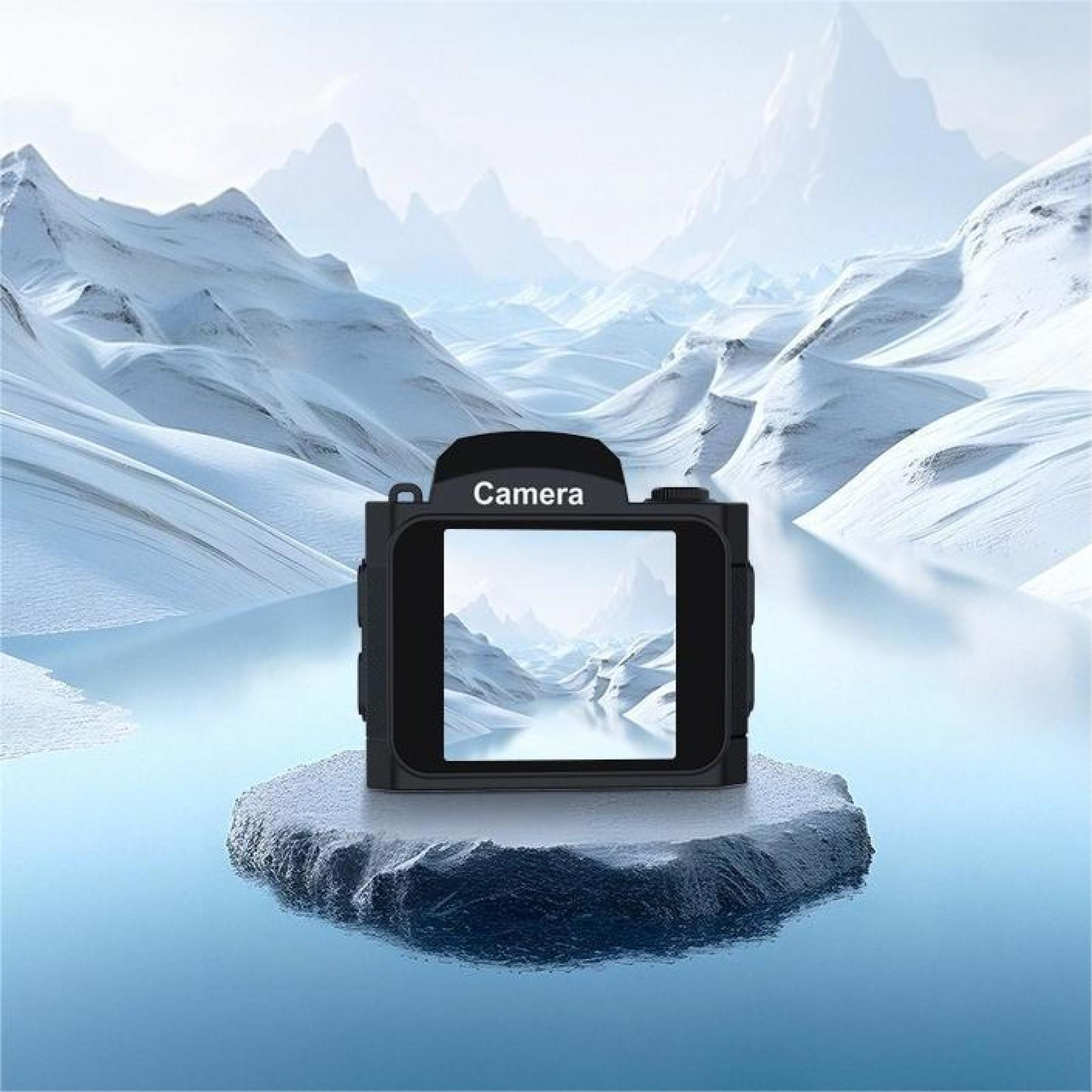 Eine schwarze Kamera auf einem Stein in einem See mit schneebedeckten Bergen im Hintergrund. Auf der Kamera steht 'Camera'.