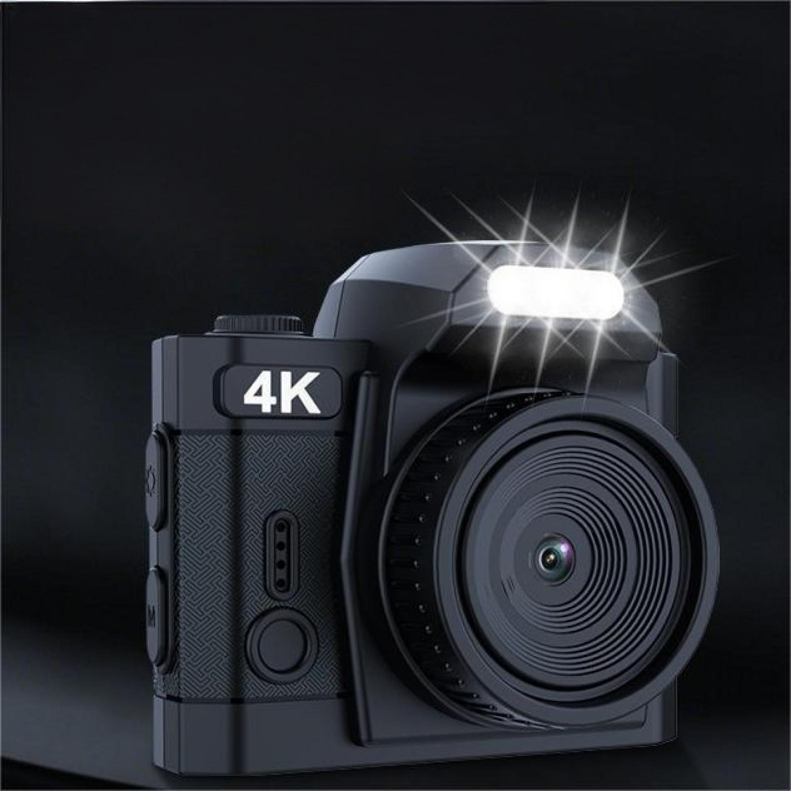 Eine schwarze 4K-Kamera mit hellem Blitz ist im Fokus. Dunkler Hintergrund. Das Objektiv ist zentriert, Details sind scharf.
