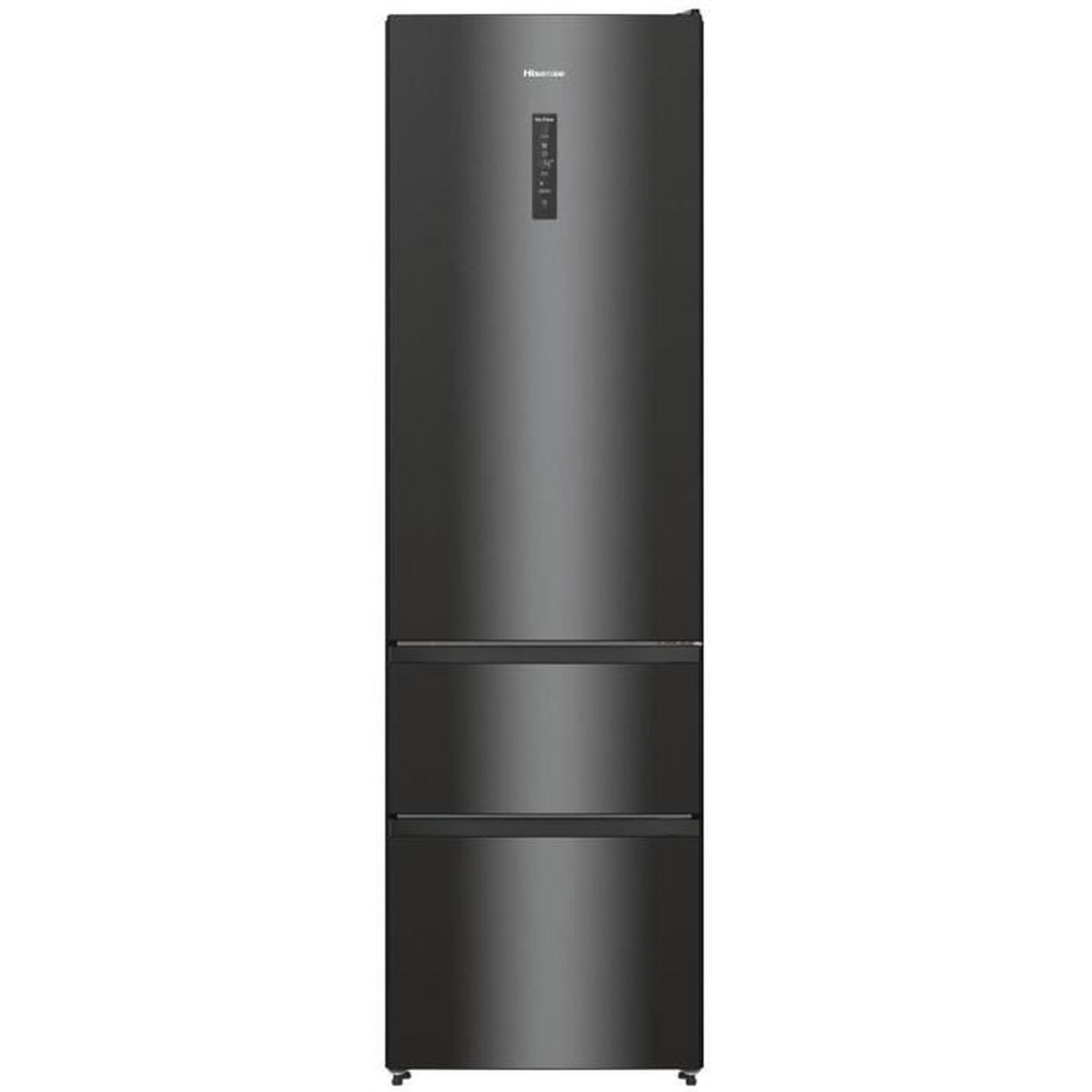 Ein schwarzer Hisense-Kühlschrank. Er hat ein schlankes Design mit zwei Gefrierschubladen und einem Display.