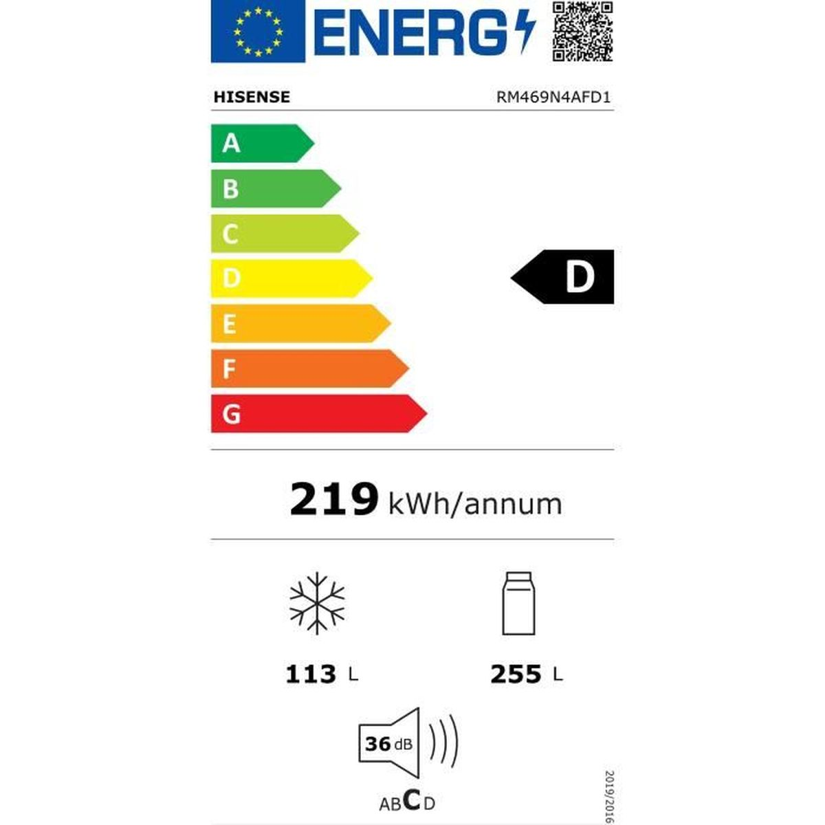 Energielabel für einen Hisense-Kühlschrank. Zeigt Energieeffizienzklasse D, 219 kWh/Jahr, 113L Gefrierfach, 255L Kühlschrank, 36dB Geräusch.