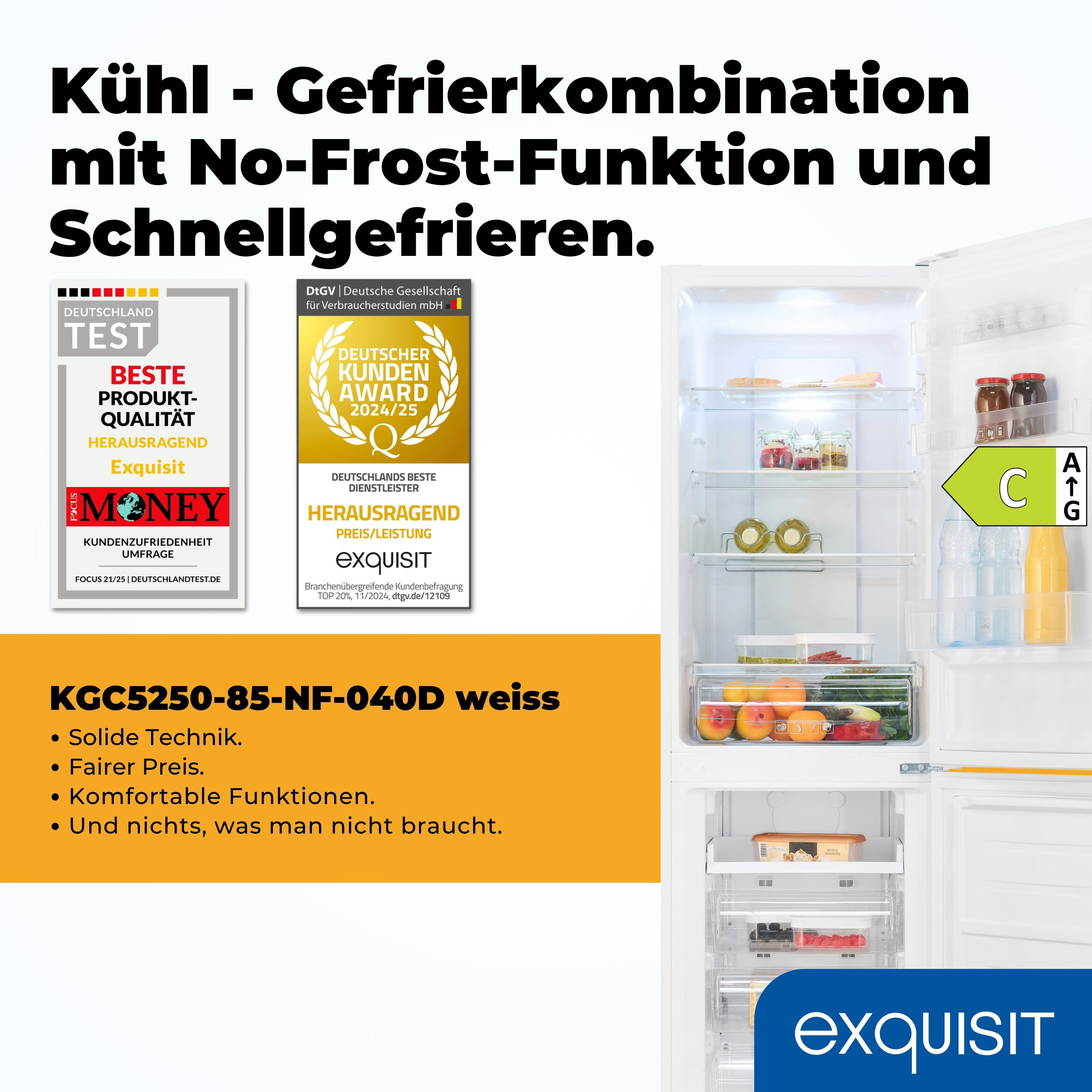 Ein weißer Kühlschrank mit offener Tür. Im Inneren befinden sich Früchte, Gemüse und Gläser. Auszeichnungen links.