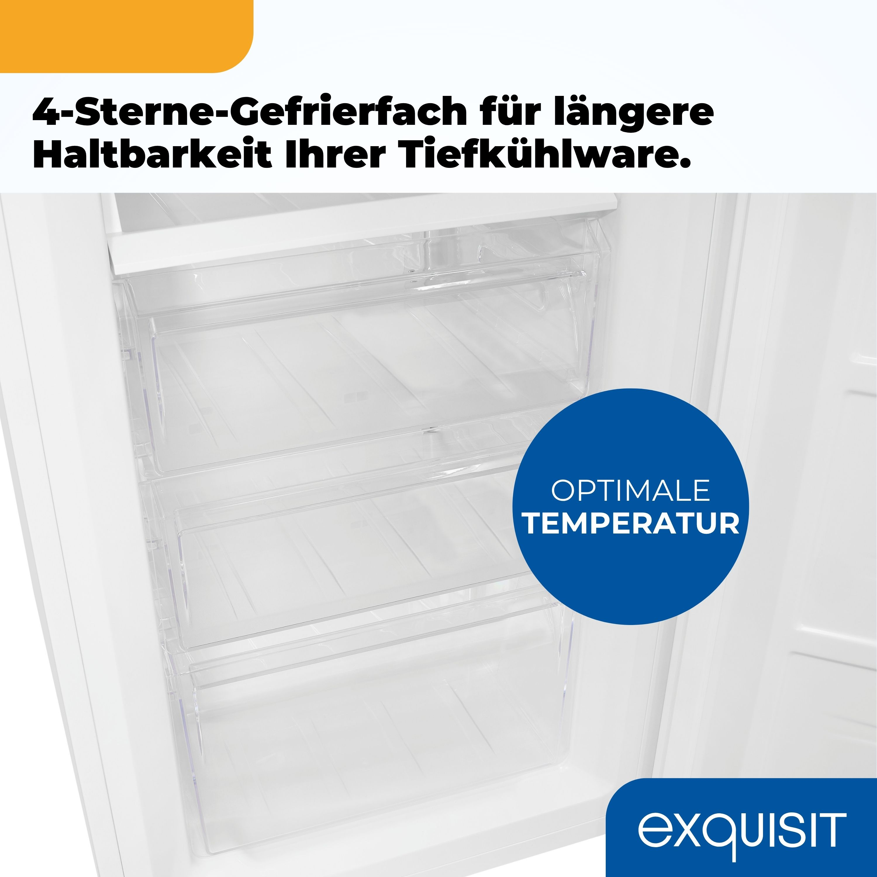 Innenraum eines weißen Kühlschranks mit transparenten Schubladen. Ein blauer Kreis zeigt Text, die Marke ist sichtbar.