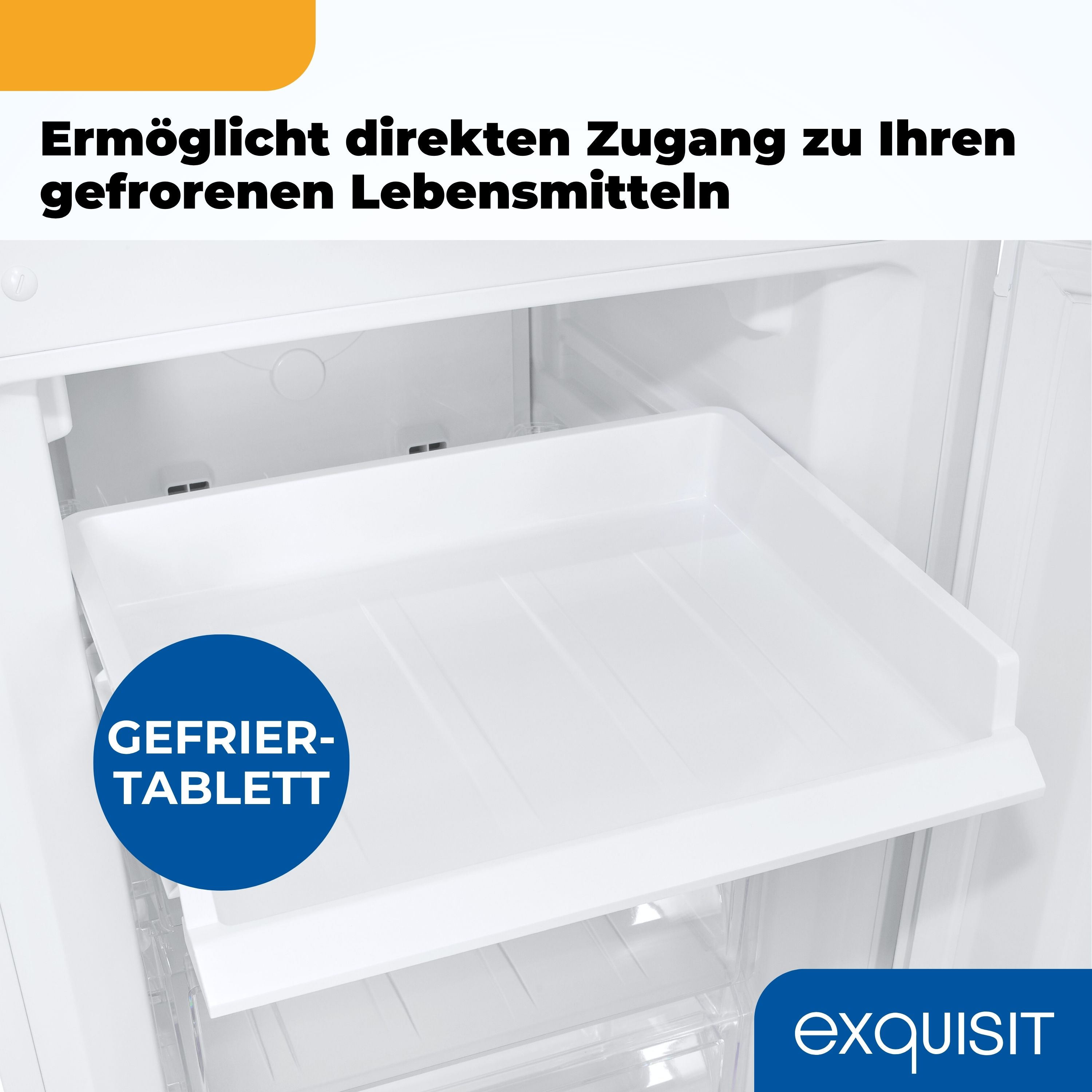 Ein weißer Gefrierschrank mit herausgezogenem Fach. Der Gefrierschrank hat das Wort 'Gefriertablett'. Das Markenlogo ist sichtbar.