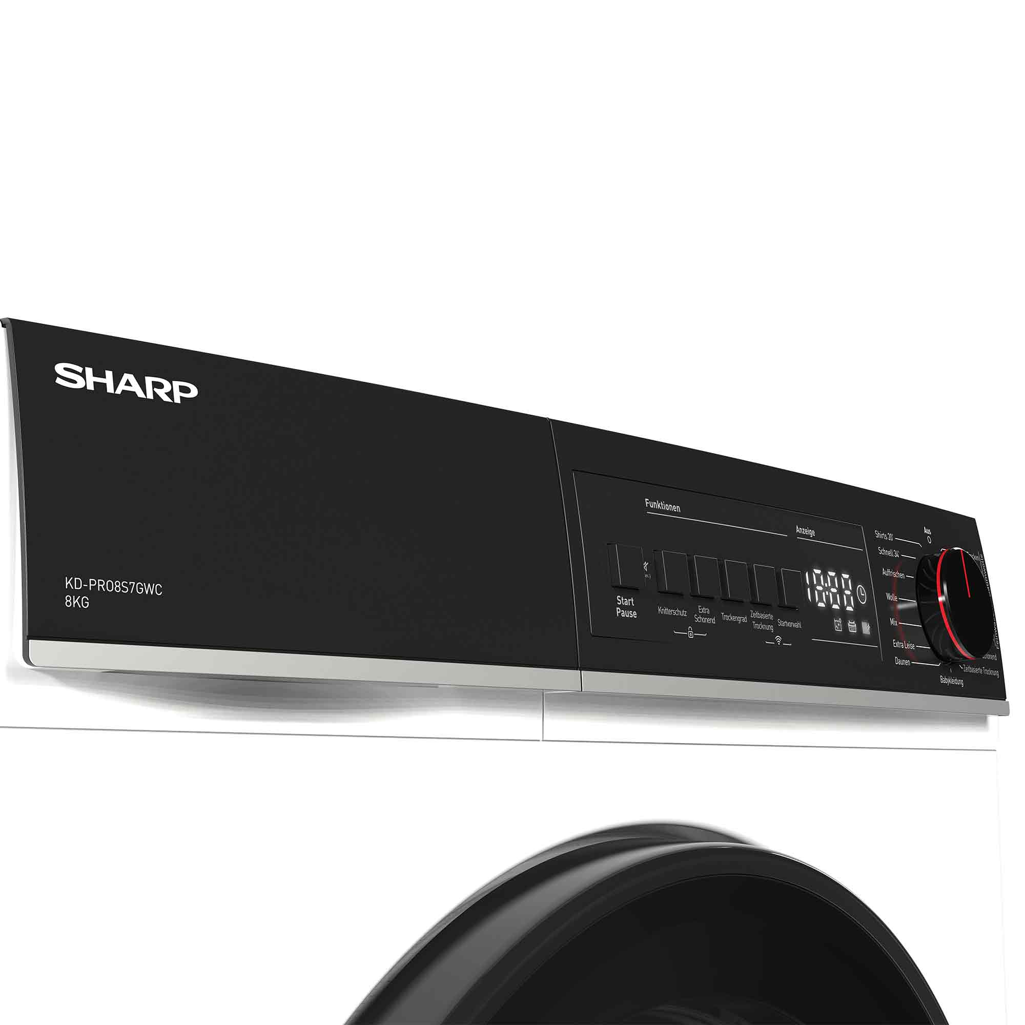 Eine schwarze Sharp Waschmaschine mit Bedienfeld. Modell KD-PRO8S7GWC. Funktionen umfassen Start, Pause und Trocknungsoptionen.