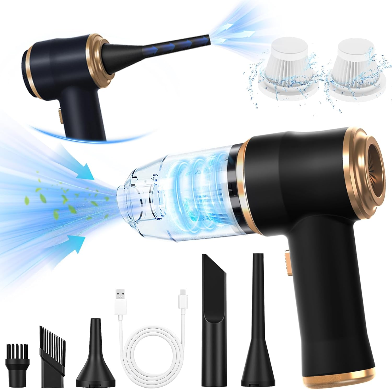 Schwarzer und goldfarbener Handstaubsauger mit mehreren Aufsätzen. Zwei Filter und ein USB-Kabel sind ebenfalls abgebildet.