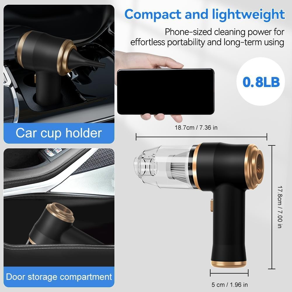 Ein schwarz-goldener Handstaubsauger. Er befindet sich in einem Getränkehalter und einem Türfach im Auto, mit Messungen.