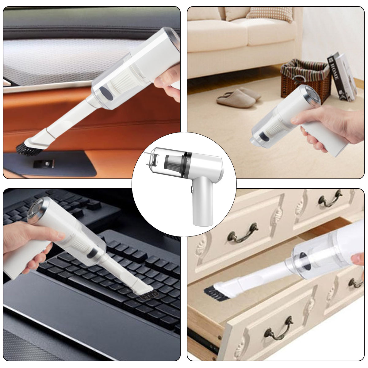 Ein weißer Handstaubsauger wird im Auto, auf Teppich, Tastatur und Schublade verwendet. Produktaufnahmen zeigen die Anwendung.