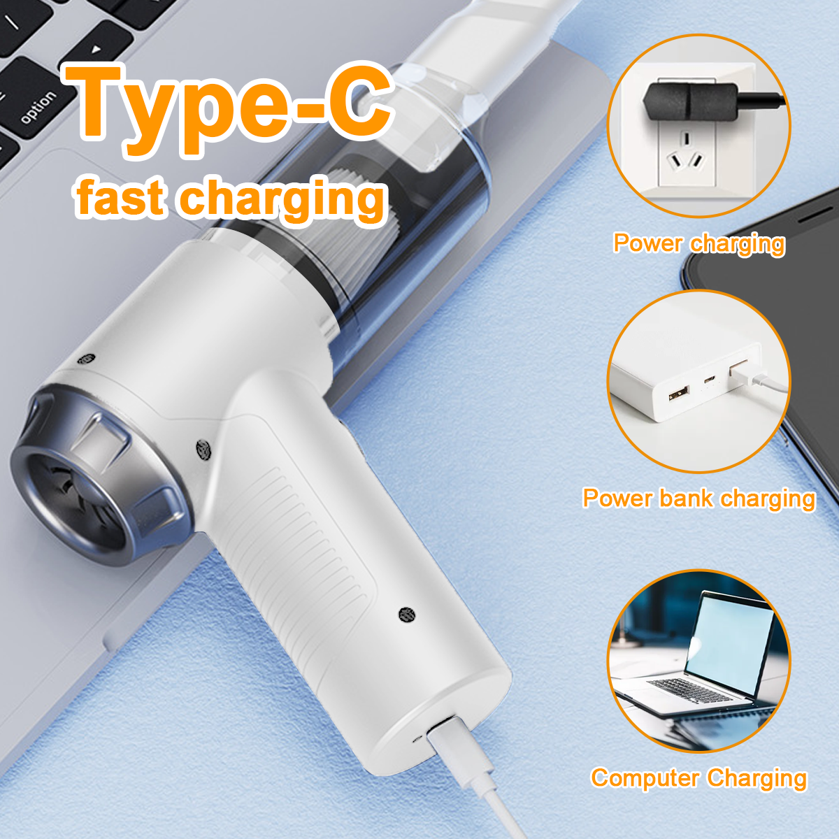 Ein weißer Handstaubsauger mit Typ-C-Schnellladung. Ladeoptionen: Steckdose, Powerbank und Computer.