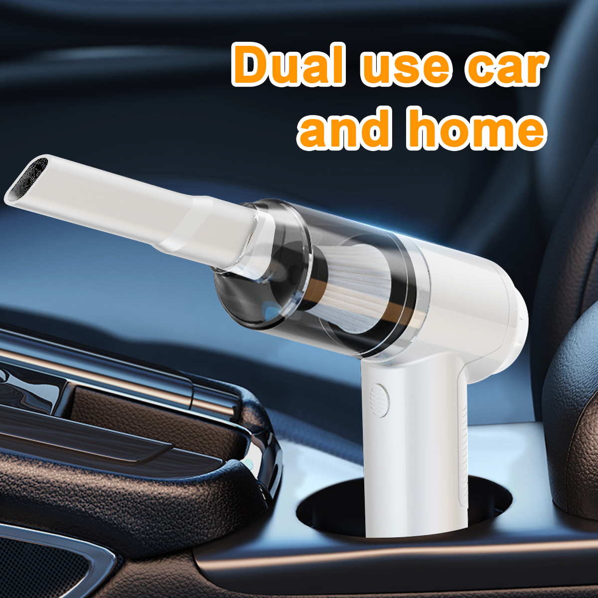 Ein weißer und transparenter Staubsauger steht in einem Auto-Getränkehalter. Der Text „Dual Use Auto und Zuhause“ steht über dem Staubsauger.