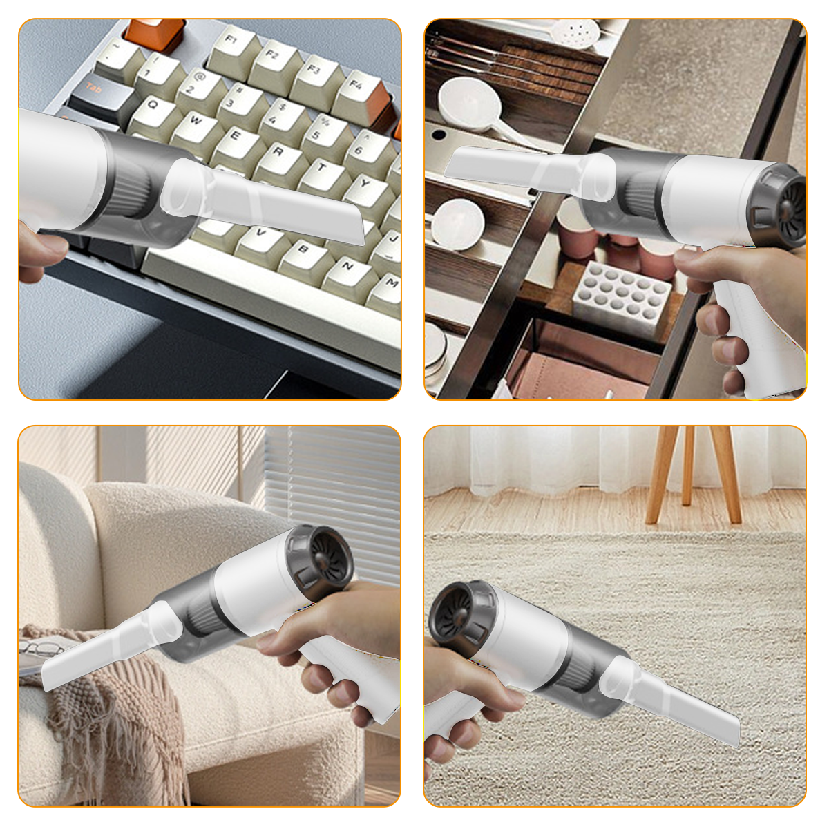 Ein Handstaubsauger wird auf einer Tastatur, in einer Schublade, auf einem Sofa und auf einem Teppich verwendet. Der Staubsauger ist weiß und grau.